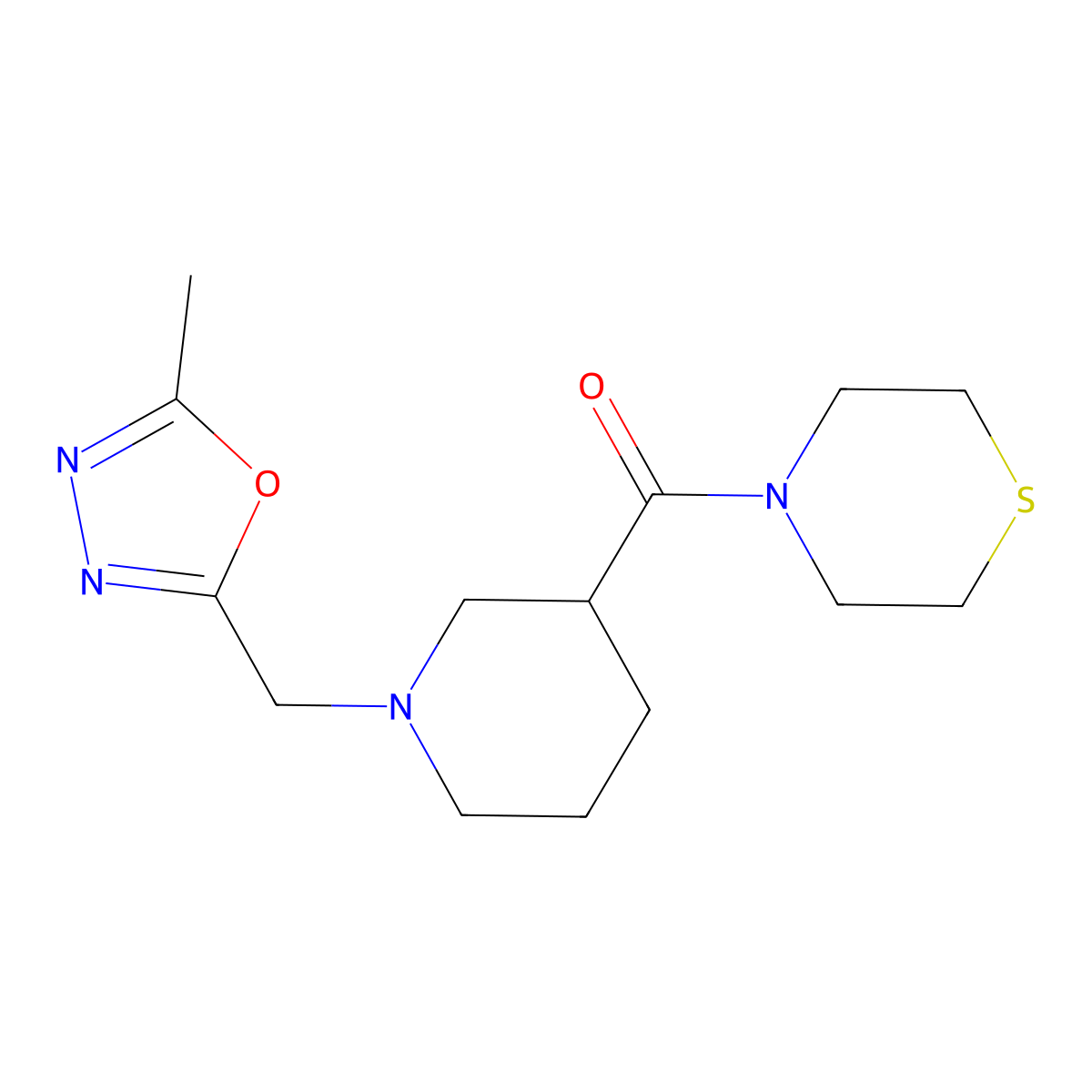 4-{1-[(5-Methyl-1,3,4-oxadiazol-2-yl)methyl]piperidine-3-carbonyl}thiomorpholine molecular structure, CAS 2640881-84-9