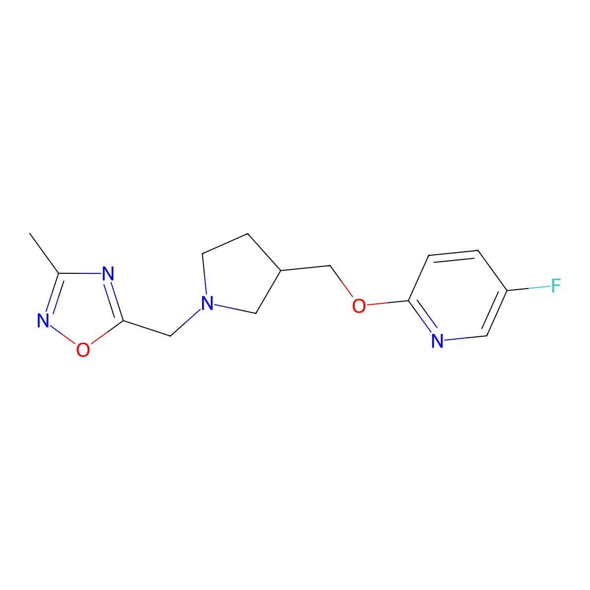 5-Fluoro-2-({1-[(3-methyl-1,2,4-oxadiazol-5-yl)methyl]pyrrolidin-3-yl}methoxy)pyridine molecular structure, CAS 2640881-94-1