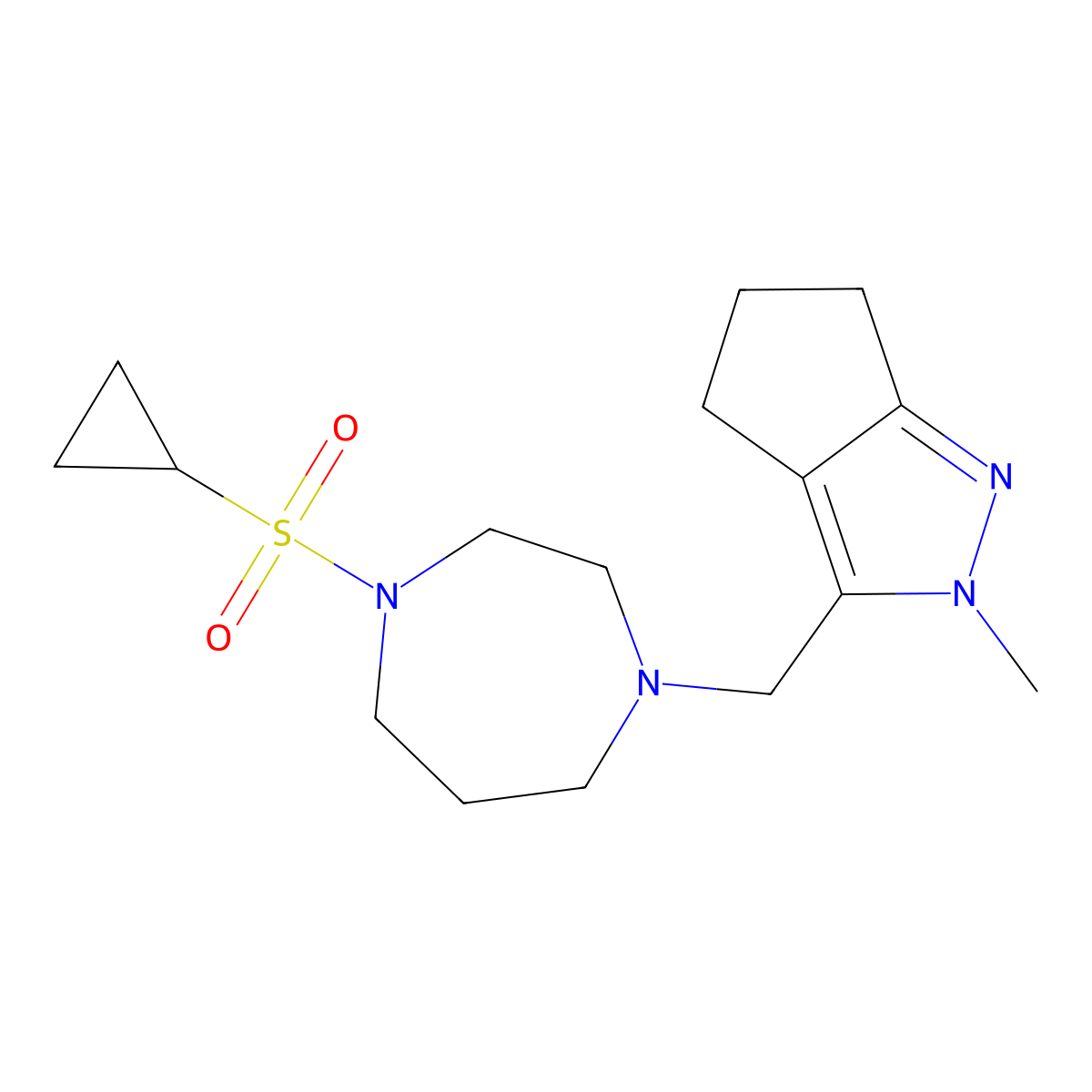 1-(cyclopropanesulfonyl)-4-({2-methyl-2H,4H,5H,6H-cyclopenta[c]pyrazol-3-yl}methyl)-1,4-diazepane molecular structure, CAS 2640882-14-8