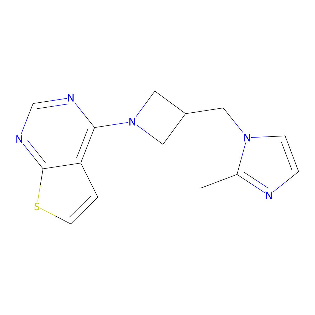 2-methyl-1-[(1-{thieno[2,3-d]pyrimidin-4-yl}azetidin-3-yl)methyl]-1H-imidazole molecular structure, CAS 2640882-15-9