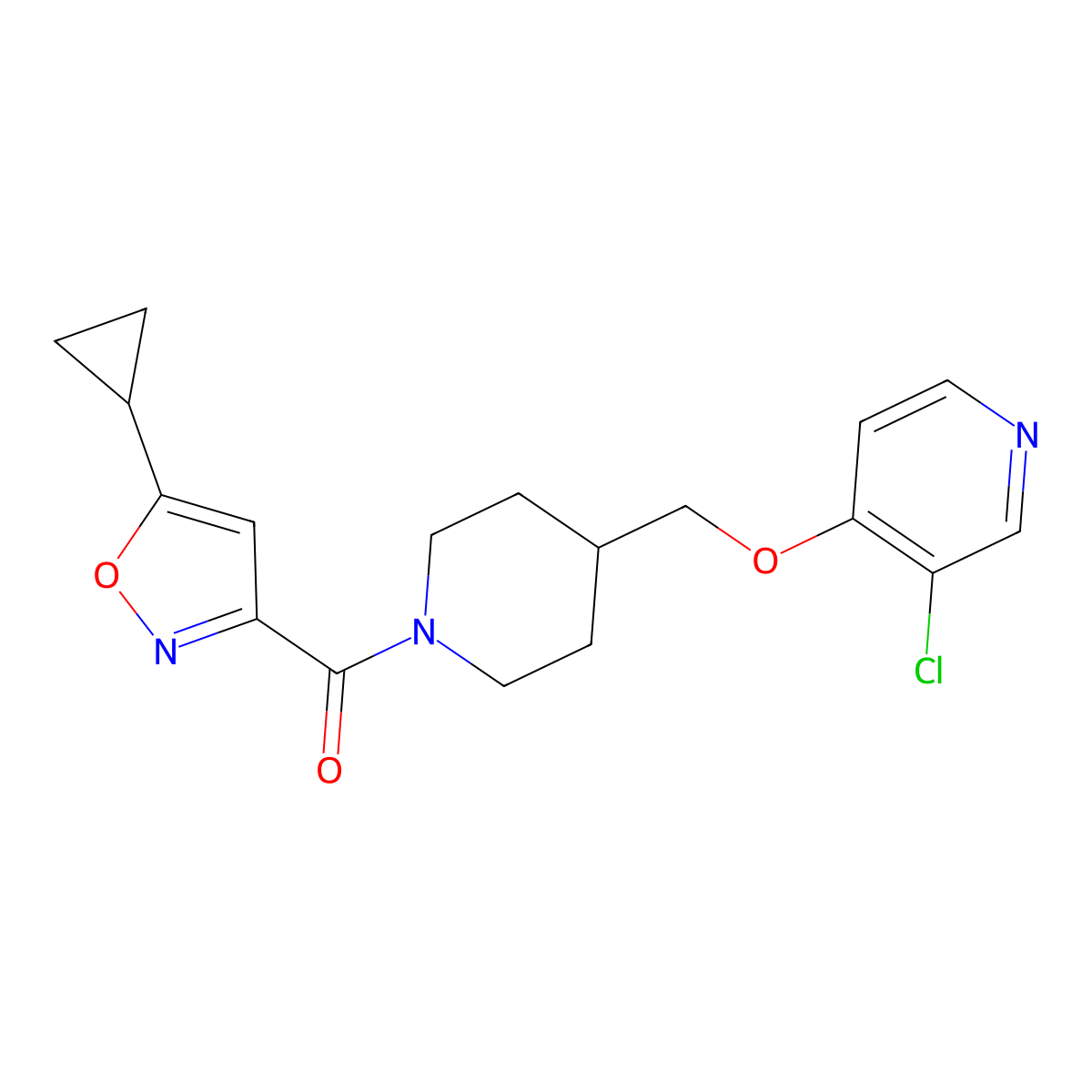 3-Chloro-4-{[1-(5-cyclopropyl-1,2-oxazole-3-carbonyl)piperidin-4-yl]methoxy}pyridine molecular structure, CAS 2640882-19-3