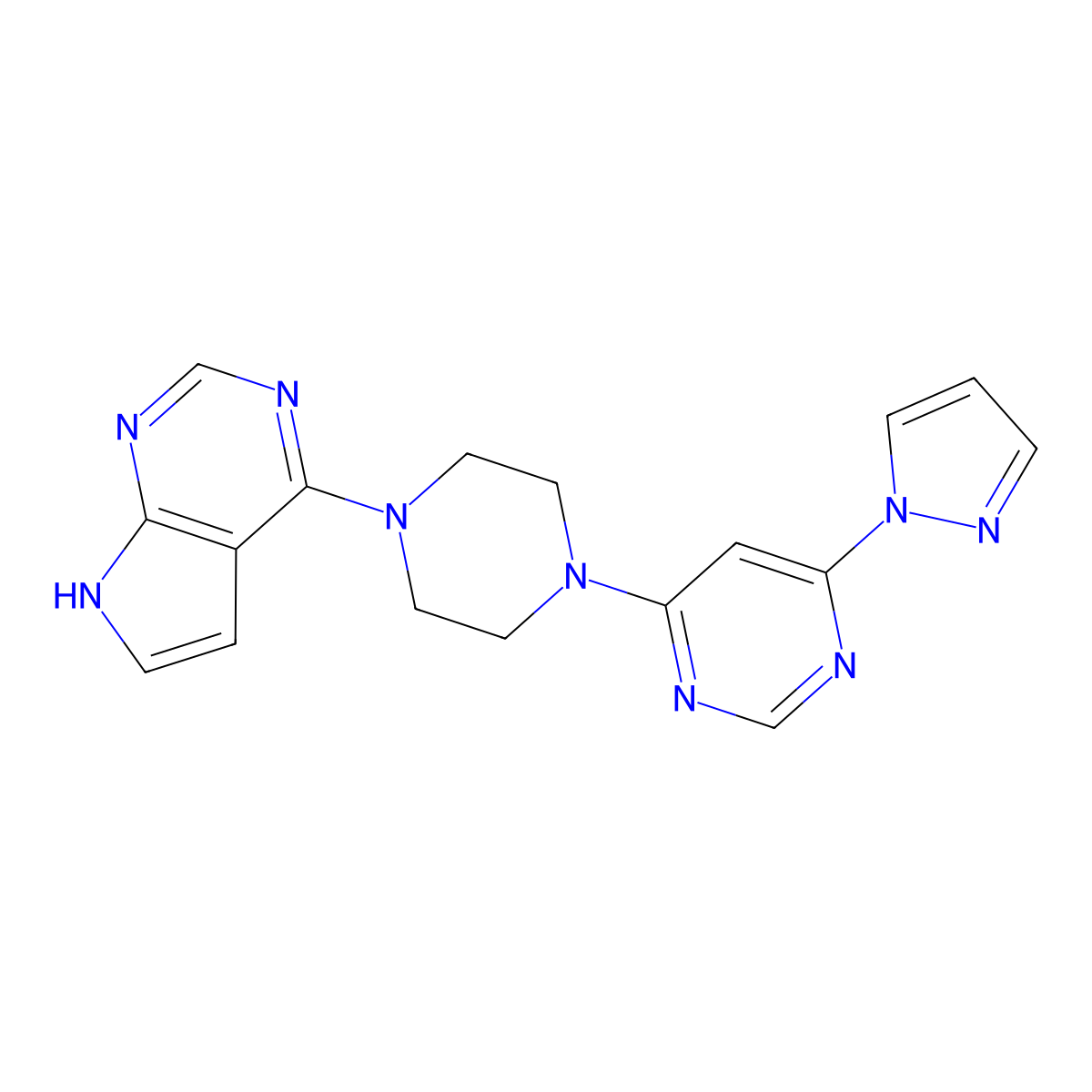 4-(1H-pyrazol-1-yl)-6-(4-{7H-pyrrolo[2,3-d]pyrimidin-4-yl}piperazin-1-yl)pyrimidine molecular structure, CAS 2640882-24-0