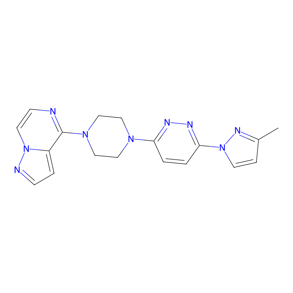 3-(3-methyl-1H-pyrazol-1-yl)-6-(4-{pyrazolo[1,5-a]pyrazin-4-yl}piperazin-1-yl)pyridazine molecular structure, CAS 2640882-26-2