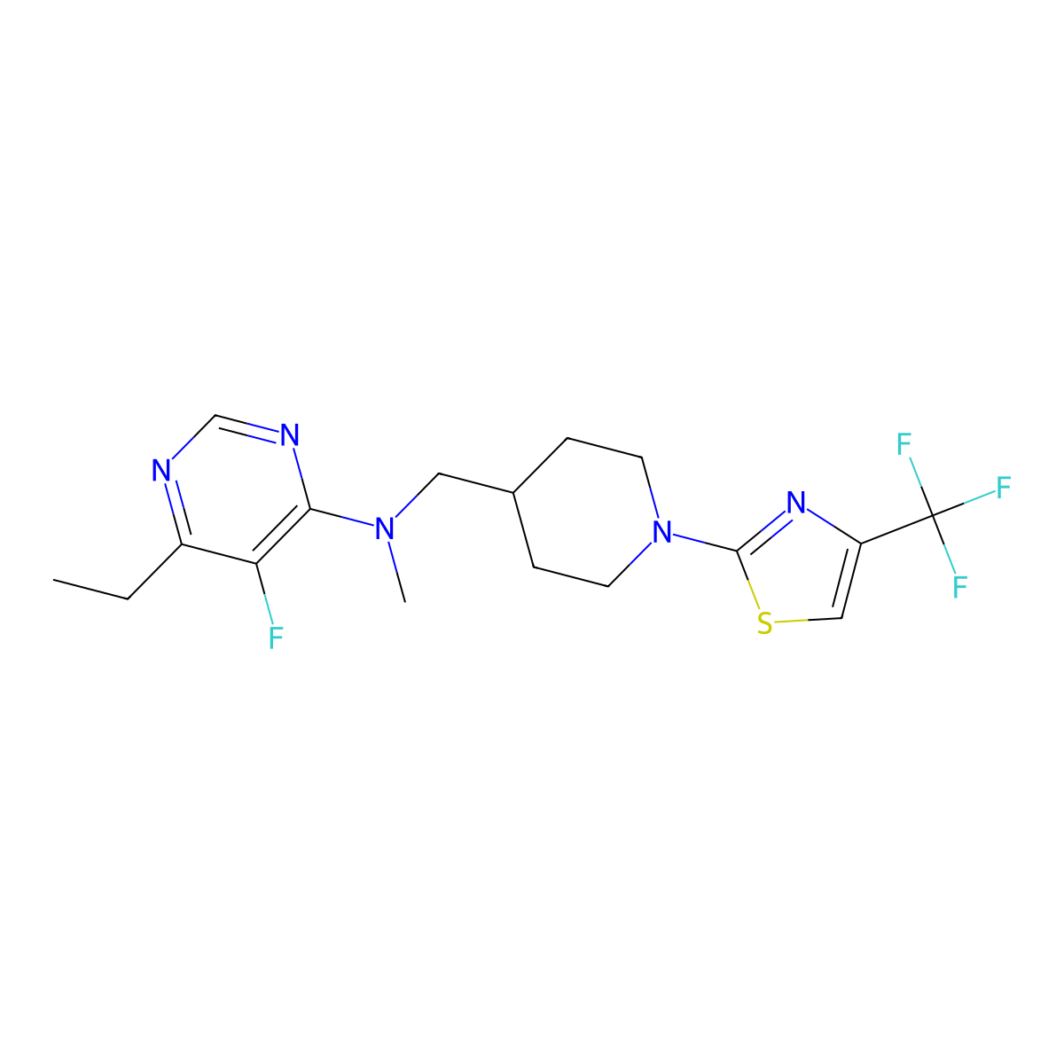 6-ethyl-5-fluoro-N-methyl-N-({1-[4-(trifluoromethyl)-1,3-thiazol-2-yl]piperidin-4-yl}methyl)pyrimidin-4-amine molecular structure, CAS 2640882-32-0