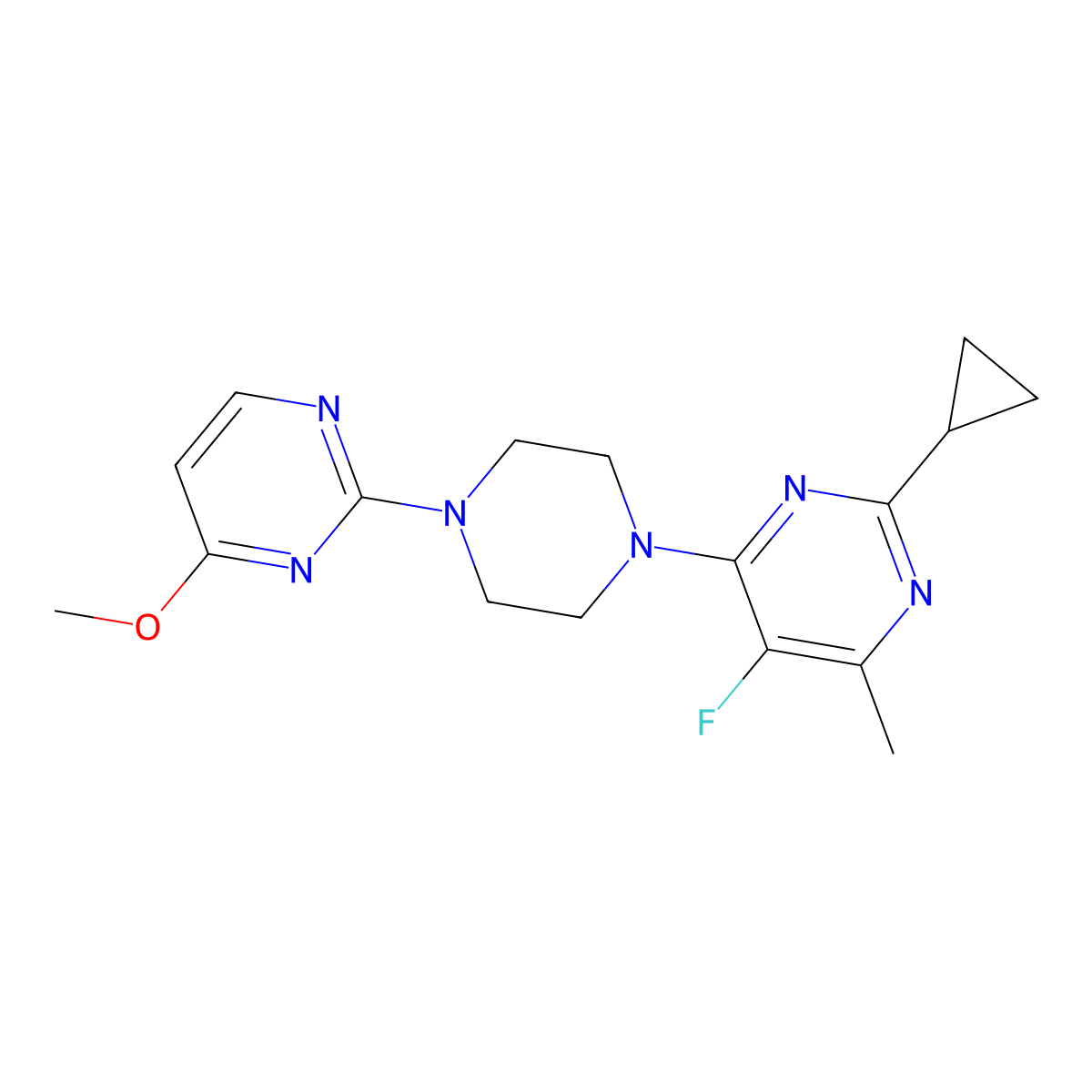 2-Cyclopropyl-5-fluoro-4-[4-(4-methoxypyrimidin-2-yl)piperazin-1-yl]-6-methylpyrimidine molecular structure, CAS 2640882-33-1