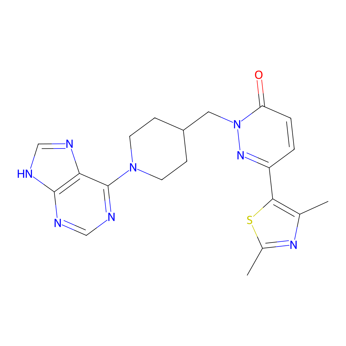 6-(2,4-dimethyl-1,3-thiazol-5-yl)-2-{[1-(9H-purin-6-yl)piperidin-4-yl]methyl}-2,3-dihydropyridazin-3-one molecular structure, CAS 2640882-36-4