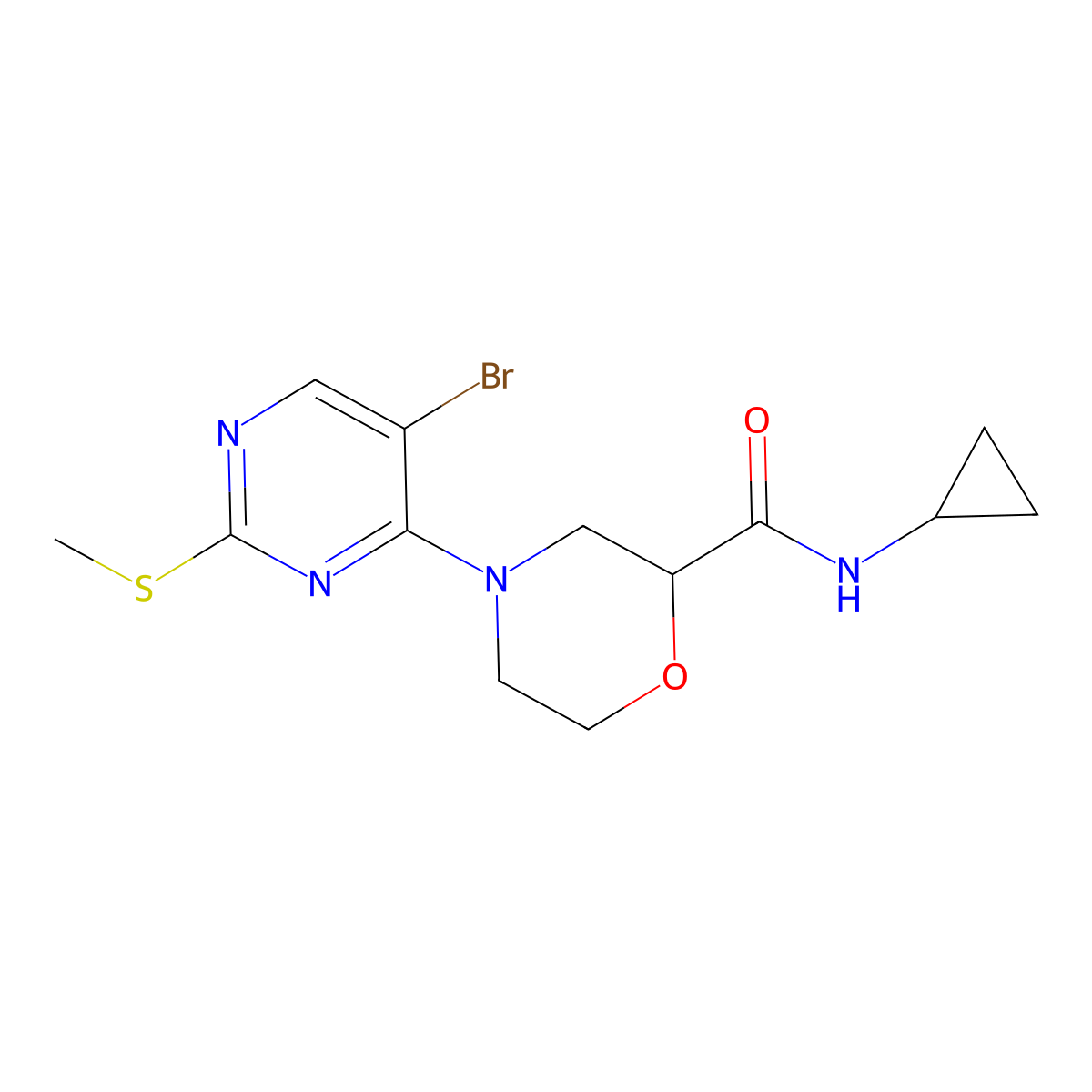 4-[5-bromo-2-(methylsulfanyl)pyrimidin-4-yl]-N-cyclopropylmorpholine-2-carboxamide molecular structure, CAS 2640882-39-7