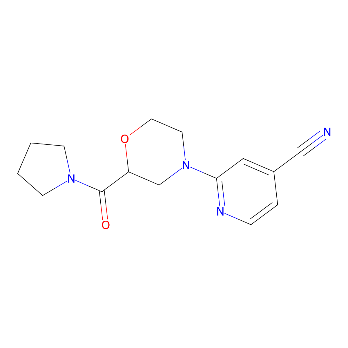 2-[2-(Pyrrolidine-1-carbonyl)morpholin-4-yl]pyridine-4-carbonitrile molecular structure, CAS 2640882-46-6