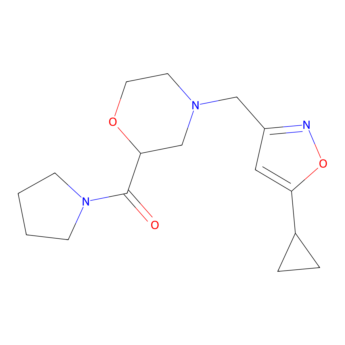 4-[(5-Cyclopropyl-1,2-oxazol-3-yl)methyl]-2-(pyrrolidine-1-carbonyl)morpholine molecular structure, CAS 2640882-49-9