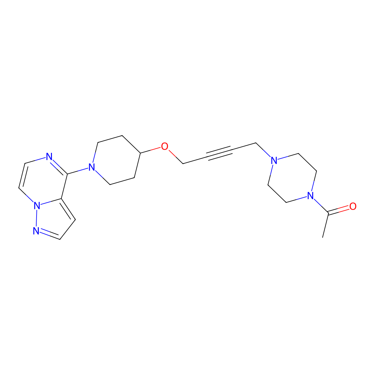 1-(4-{4-[(1-{Pyrazolo[1,5-a]pyrazin-4-yl}piperidin-4-yl)oxy]but-2-yn-1-yl}piperazin-1-yl)ethan-1-one molecular structure, CAS 2640882-60-4