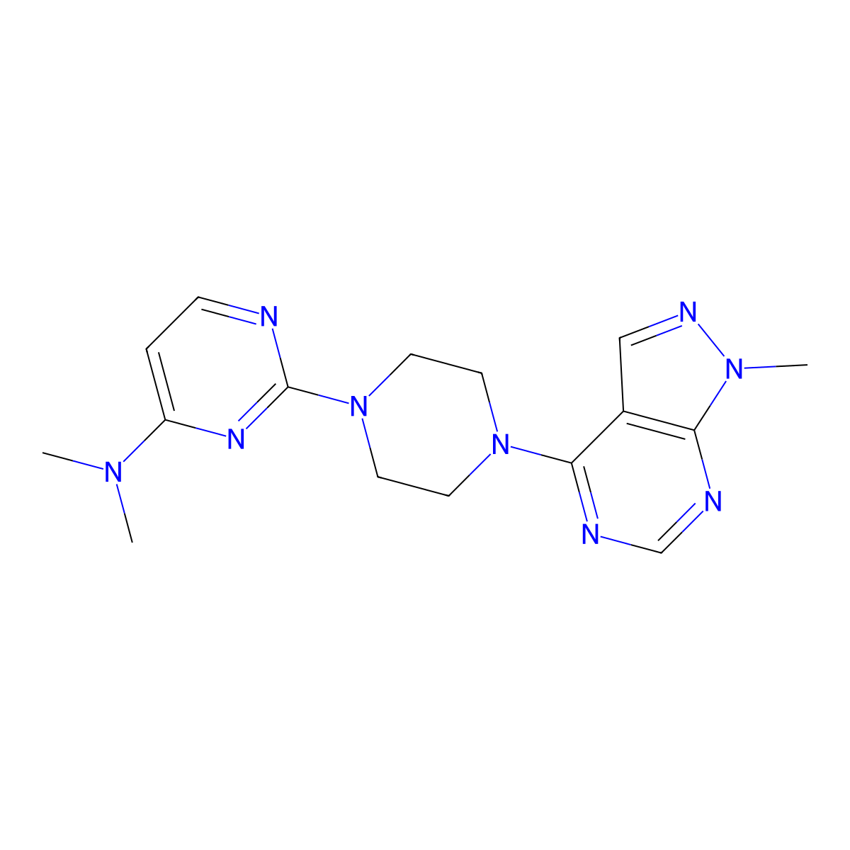 N,N-dimethyl-2-(4-{1-methyl-1H-pyrazolo[3,4-d]pyrimidin-4-yl}piperazin-1-yl)pyrimidin-4-amine molecular structure, CAS 2640884-74-6