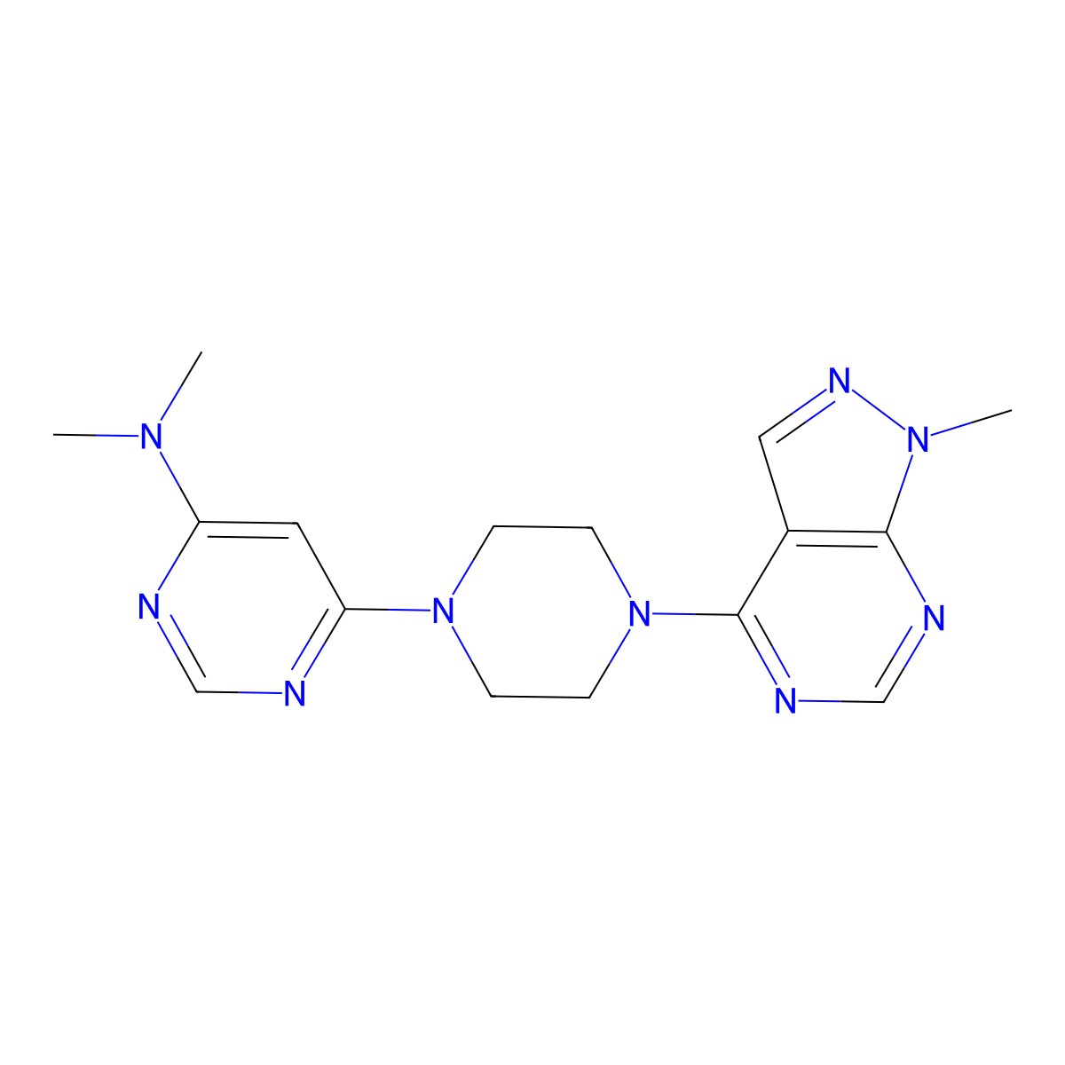 N,N-dimethyl-6-(4-{1-methyl-1H-pyrazolo[3,4-d]pyrimidin-4-yl}piperazin-1-yl)pyrimidin-4-amine molecular structure, CAS 2640884-75-7