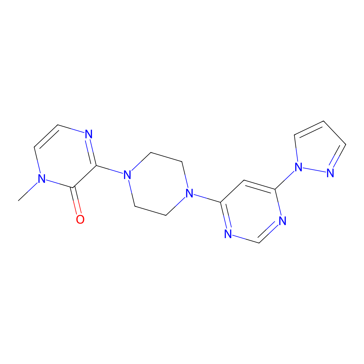 1-methyl-3-{4-[6-(1H-pyrazol-1-yl)pyrimidin-4-yl]piperazin-1-yl}-1,2-dihydropyrazin-2-one molecular structure, CAS 2640884-76-8