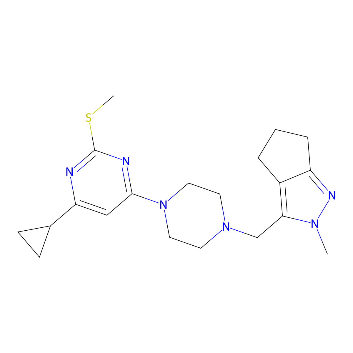 4-cyclopropyl-6-[4-({2-methyl-2H,4H,5H,6H-cyclopenta[c]pyrazol-3-yl}methyl)piperazin-1-yl]-2-(methylsulfanyl)pyrimidine molecular structure, CAS 2640884-82-6