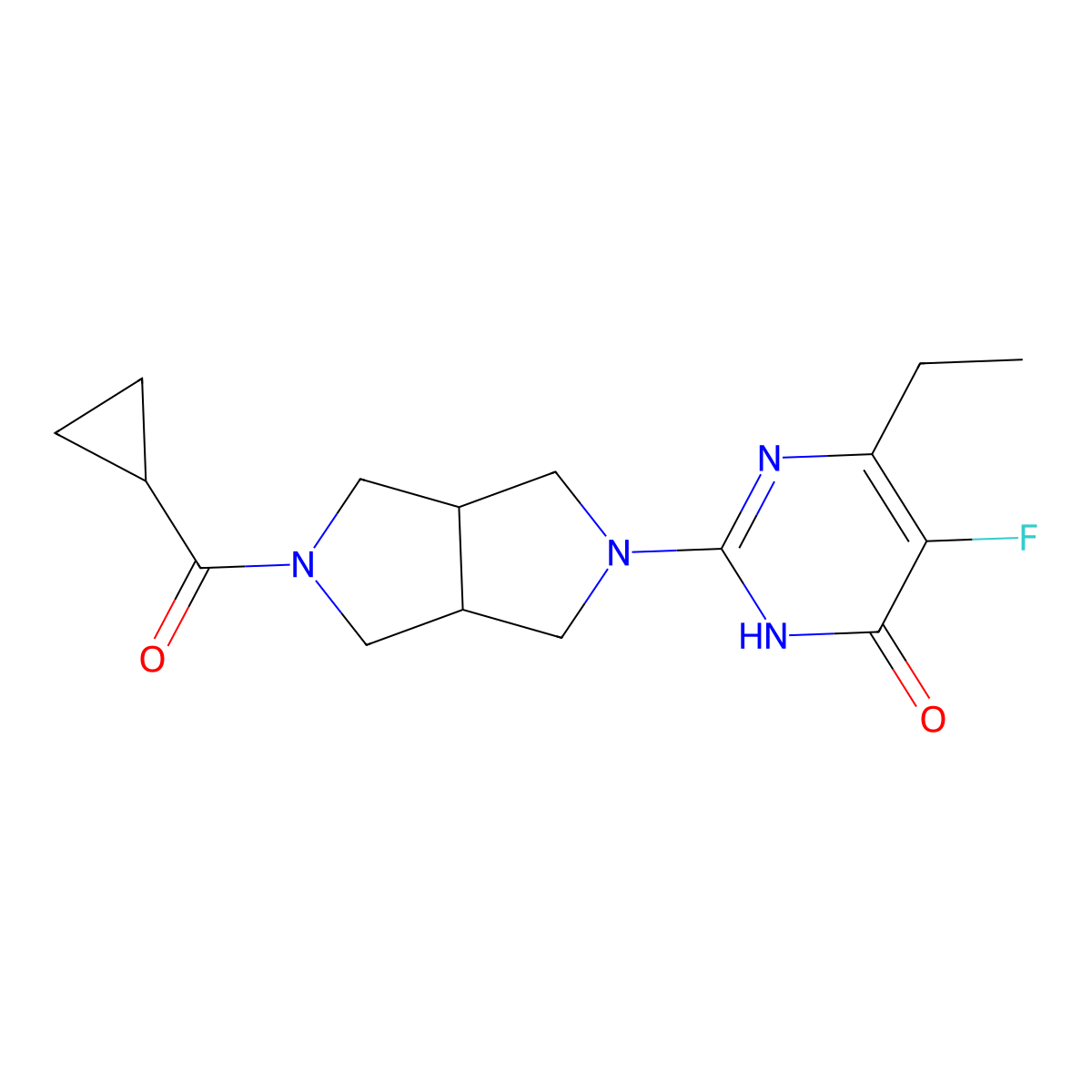2-{5-Cyclopropanecarbonyl-octahydropyrrolo[3,4-c]pyrrol-2-yl}-6-ethyl-5-fluoro-3,4-dihydropyrimidin-4-one molecular structure, CAS 2640884-83-7