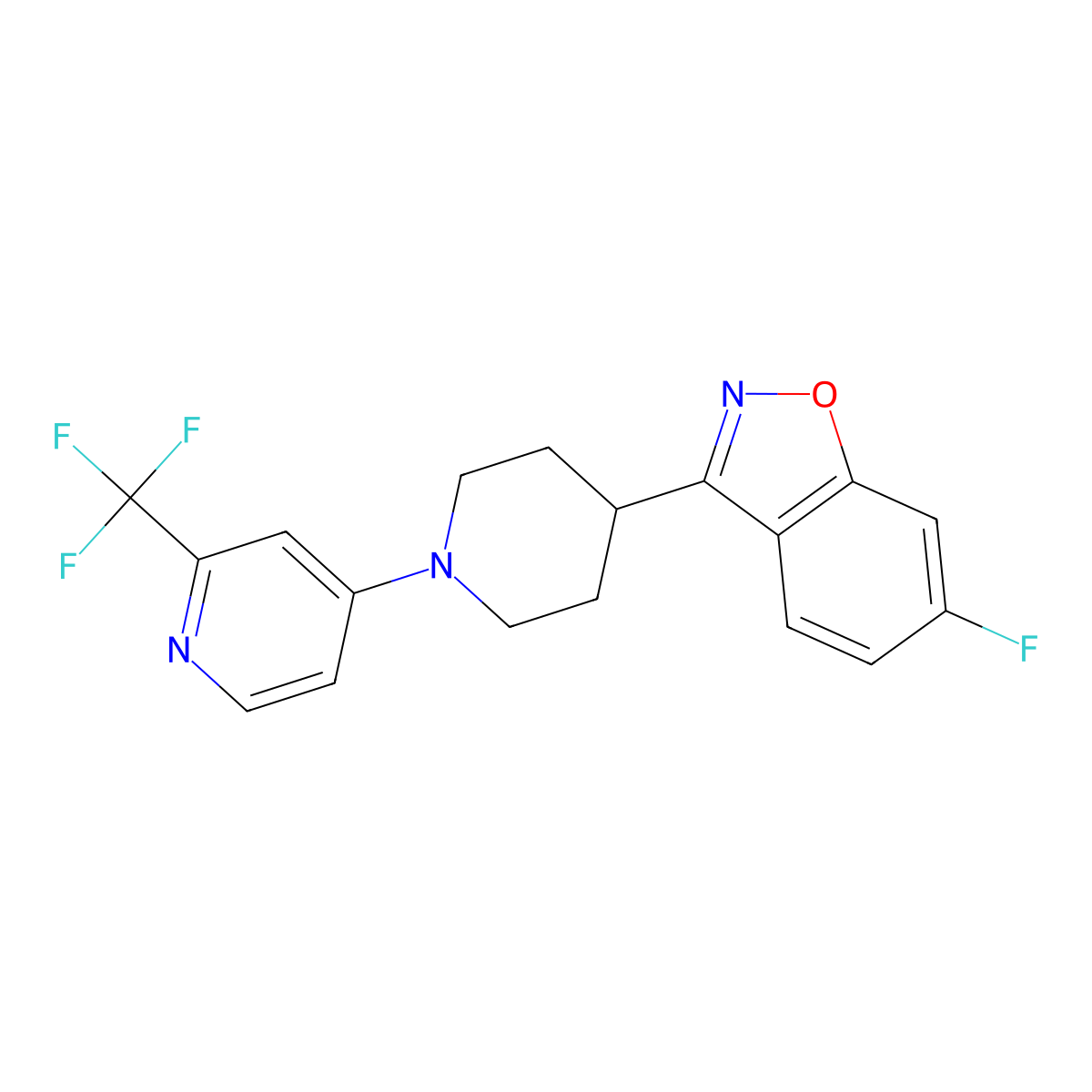 6-Fluoro-3-{1-[2-(trifluoromethyl)pyridin-4-yl]piperidin-4-yl}-1,2-benzoxazole molecular structure, CAS 2640884-87-1