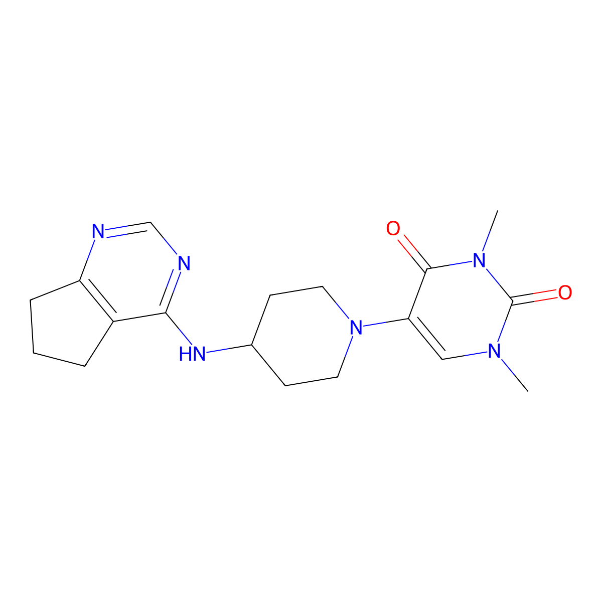 5-[4-({5H,6H,7H-cyclopenta[d]pyrimidin-4-yl}amino)piperidin-1-yl]-1,3-dimethyl-1,2,3,4-tetrahydropyrimidine-2,4-dione molecular structure, CAS 2640884-93-9