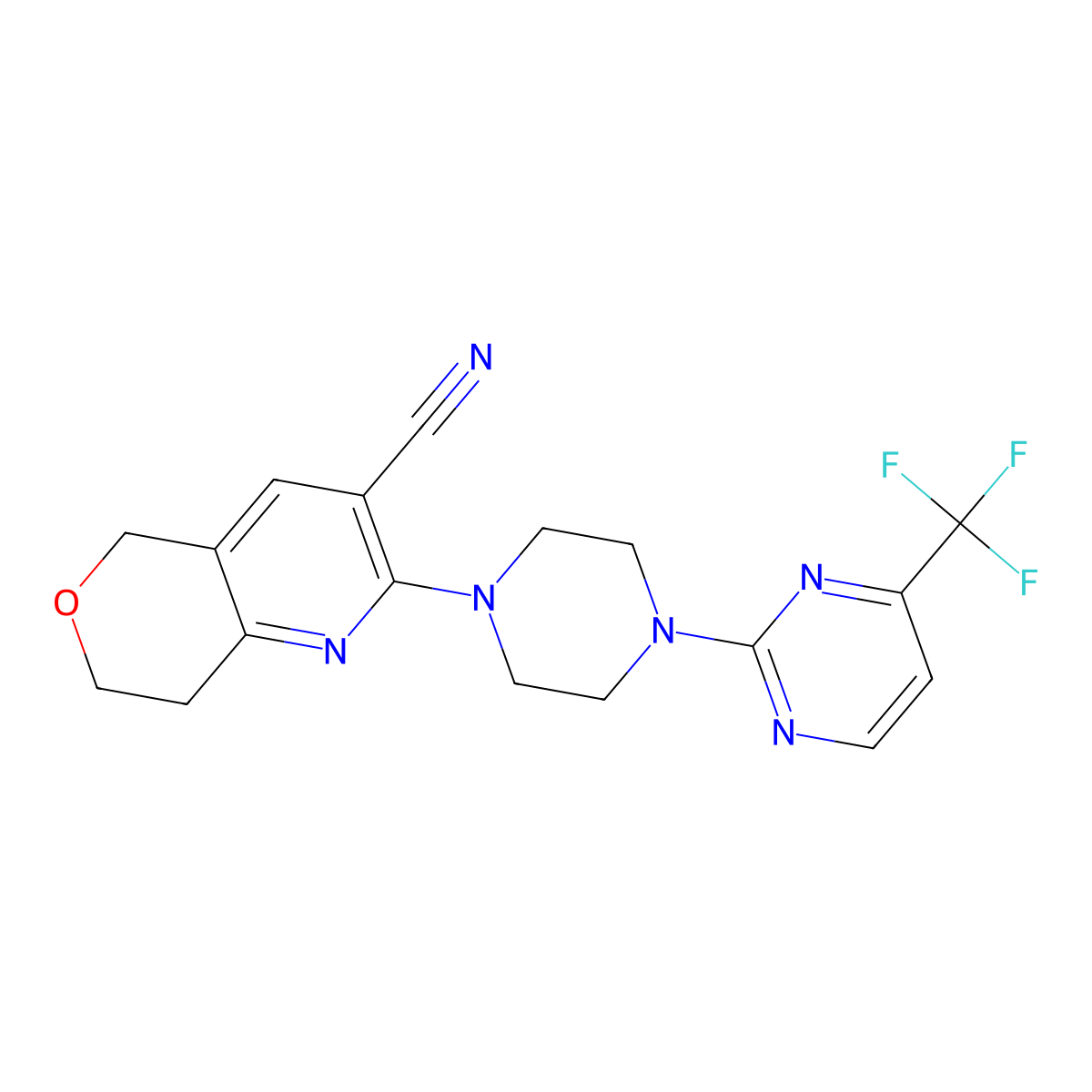 2-{4-[4-(trifluoromethyl)pyrimidin-2-yl]piperazin-1-yl}-5H,7H,8H-pyrano[4,3-b]pyridine-3-carbonitrile molecular structure, CAS 2640884-94-0