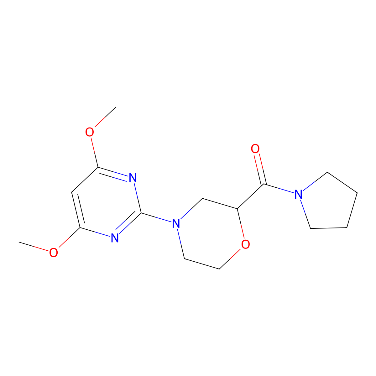 4-(4,6-Dimethoxypyrimidin-2-yl)-2-(pyrrolidine-1-carbonyl)morpholine molecular structure, CAS 2640885-03-4