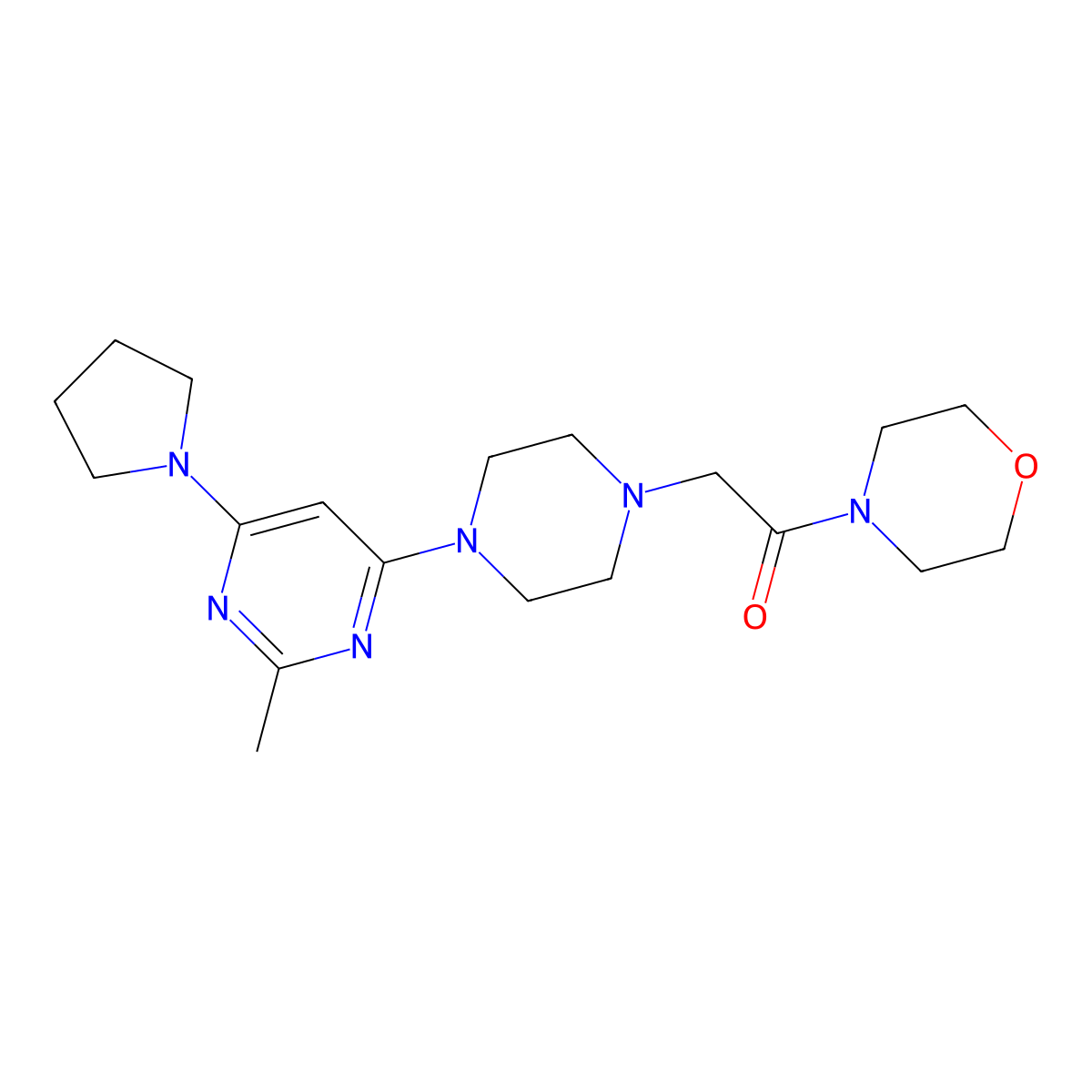 2-{4-[2-Methyl-6-(pyrrolidin-1-yl)pyrimidin-4-yl]piperazin-1-yl}-1-(morpholin-4-yl)ethan-1-one molecular structure, CAS 2640885-06-7