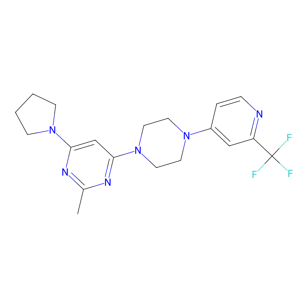 2-Methyl-4-(pyrrolidin-1-yl)-6-{4-[2-(trifluoromethyl)pyridin-4-yl]piperazin-1-yl}pyrimidine molecular structure, CAS 2640885-08-9