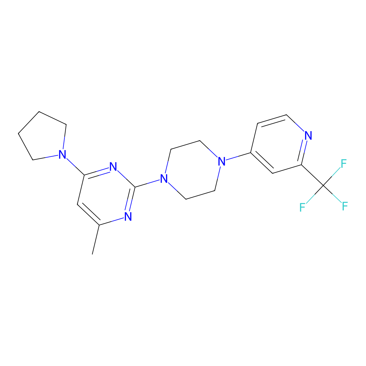 4-Methyl-6-(pyrrolidin-1-yl)-2-{4-[2-(trifluoromethyl)pyridin-4-yl]piperazin-1-yl}pyrimidine molecular structure, CAS 2640885-09-0