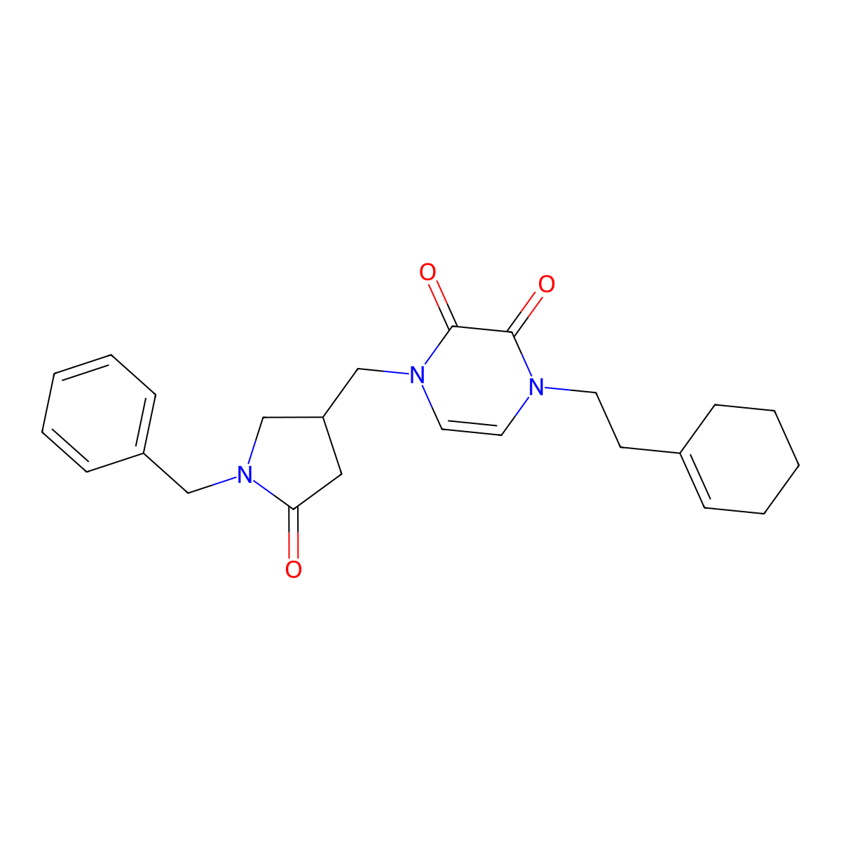 1-[(1-Benzyl-5-oxopyrrolidin-3-yl)methyl]-4-[2-(cyclohex-1-en-1-yl)ethyl]-1,2,3,4-tetrahydropyrazine-2,3-dione molecular structure, CAS 2640885-13-6