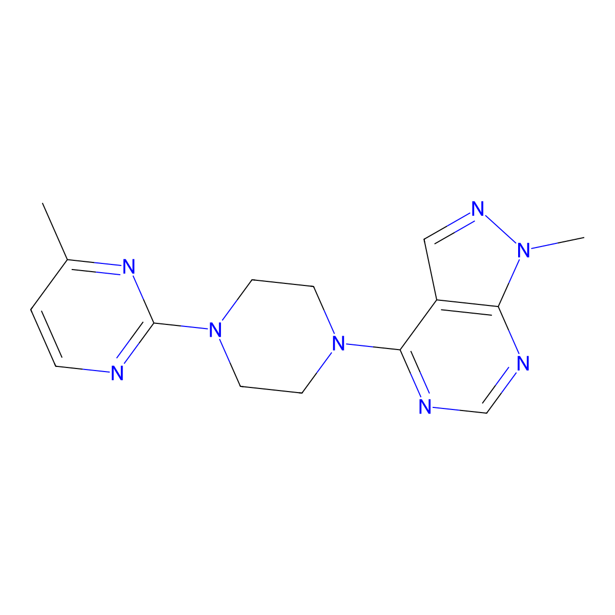4-methyl-2-(4-{1-methyl-1H-pyrazolo[3,4-d]pyrimidin-4-yl}piperazin-1-yl)pyrimidine molecular structure, CAS 2640885-14-7