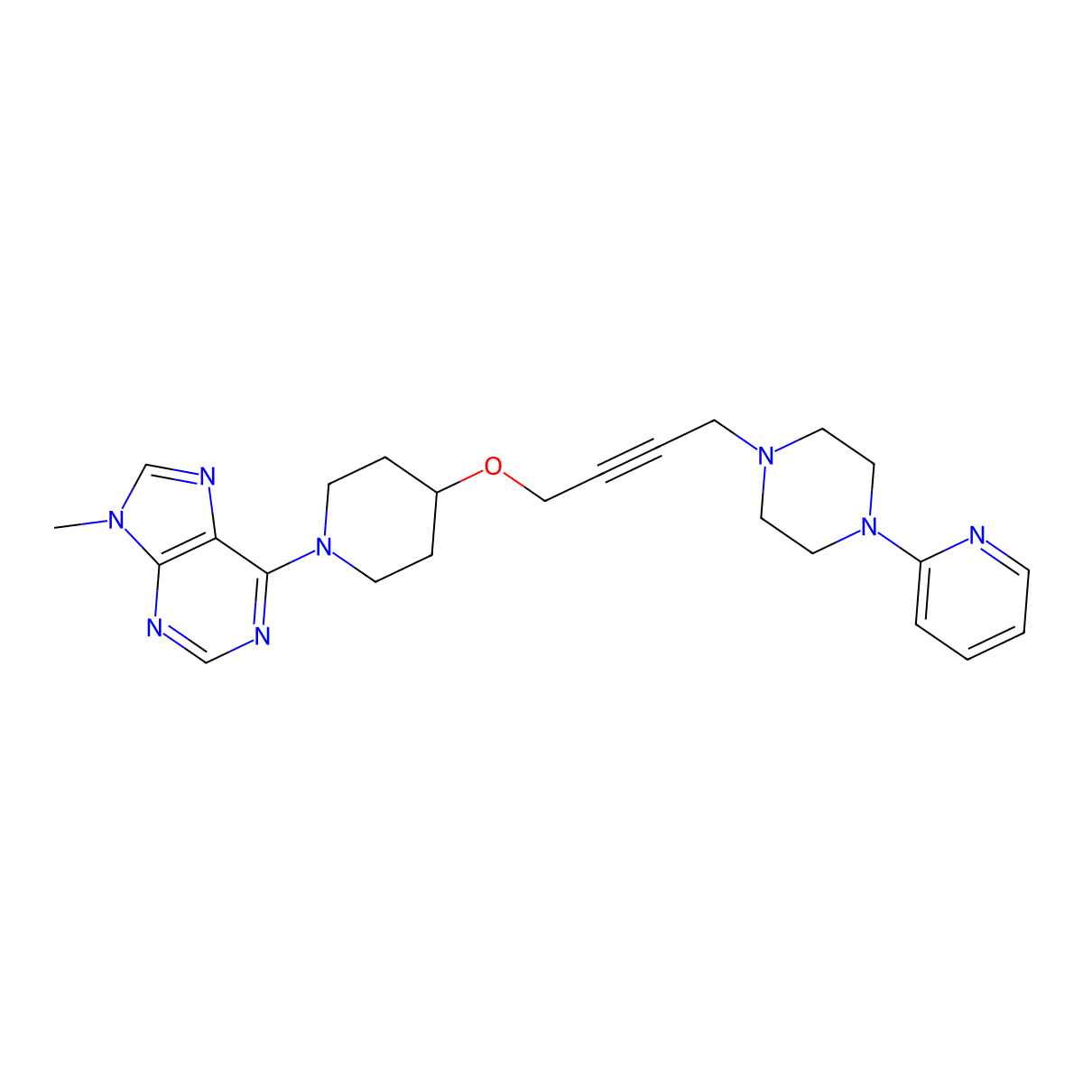9-methyl-6-[4-({4-[4-(pyridin-2-yl)piperazin-1-yl]but-2-yn-1-yl}oxy)piperidin-1-yl]-9H-purine molecular structure, CAS 2640885-22-7