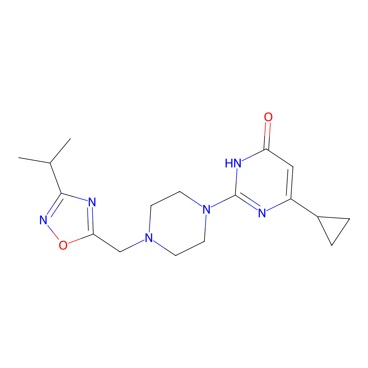 6-Cyclopropyl-2-(4-{[3-(propan-2-yl)-1,2,4-oxadiazol-5-yl]methyl}piperazin-1-yl)-3,4-dihydropyrimidin-4-one molecular structure, CAS 2640885-26-1