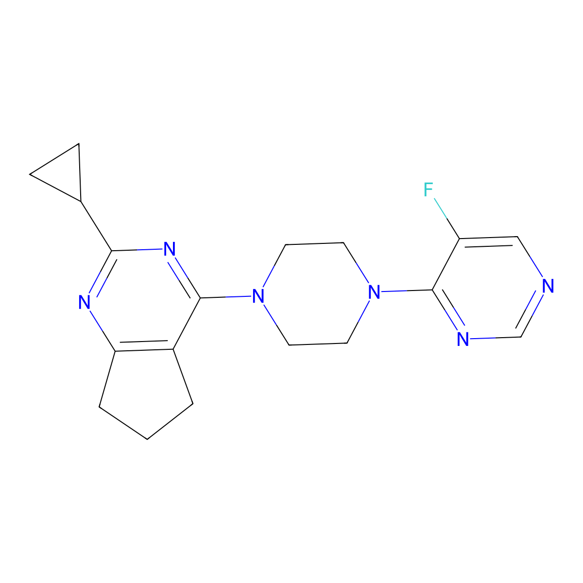 4-(4-{2-cyclopropyl-5H,6H,7H-cyclopenta[d]pyrimidin-4-yl}piperazin-1-yl)-5-fluoropyrimidine molecular structure, CAS 2640885-27-2