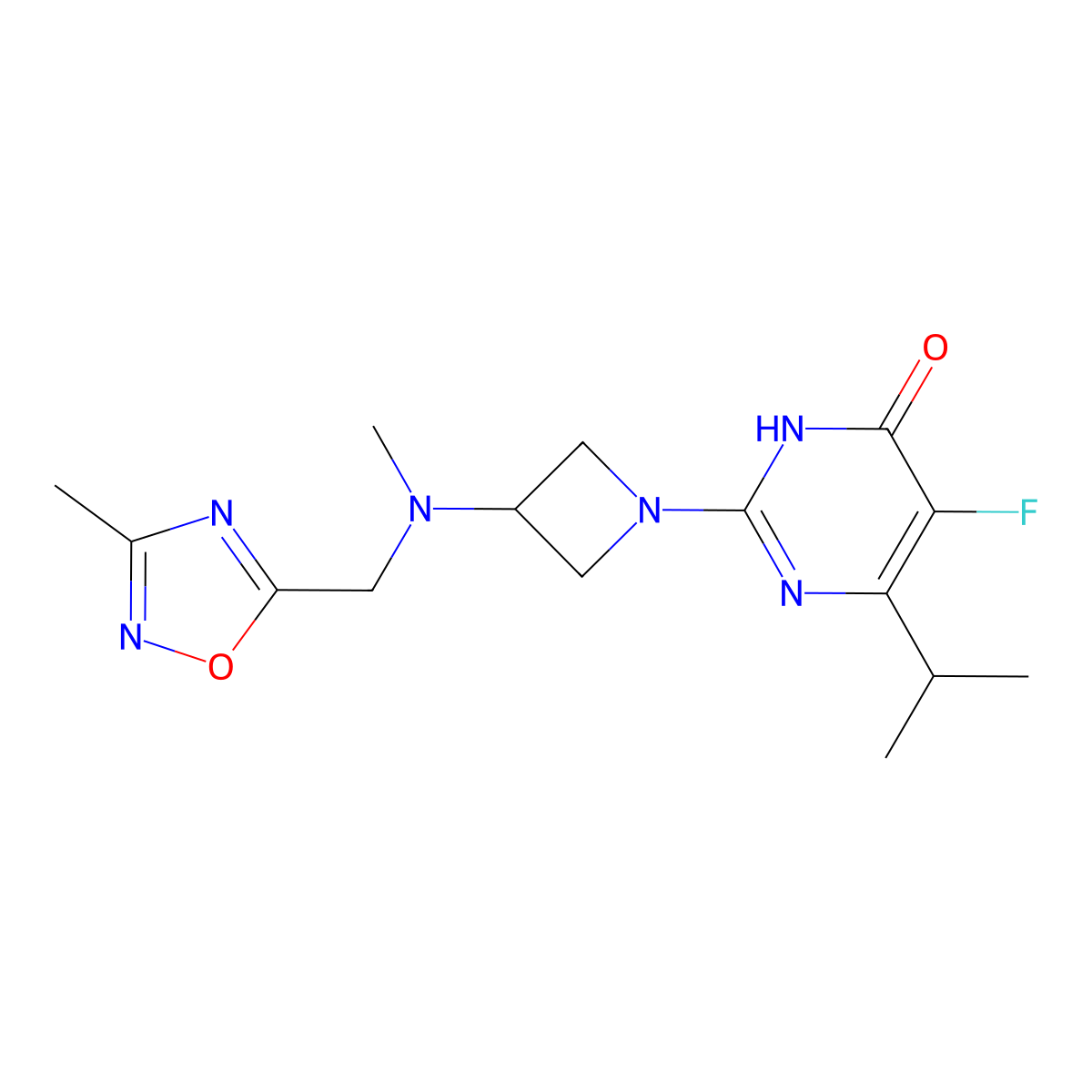 5-Fluoro-2-(3-{methyl[(3-methyl-1,2,4-oxadiazol-5-yl)methyl]amino}azetidin-1-yl)-6-(propan-2-yl)-3,4-dihydropyrimidin-4-one molecular structure, CAS 2640885-28-3