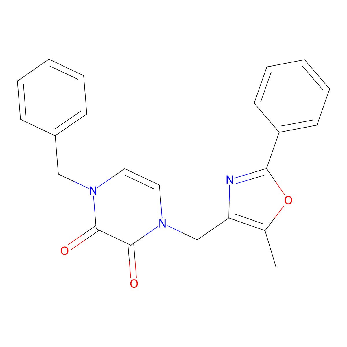 1-Benzyl-4-[(5-methyl-2-phenyl-1,3-oxazol-4-yl)methyl]-1,2,3,4-tetrahydropyrazine-2,3-dione molecular structure, CAS 2640885-31-8