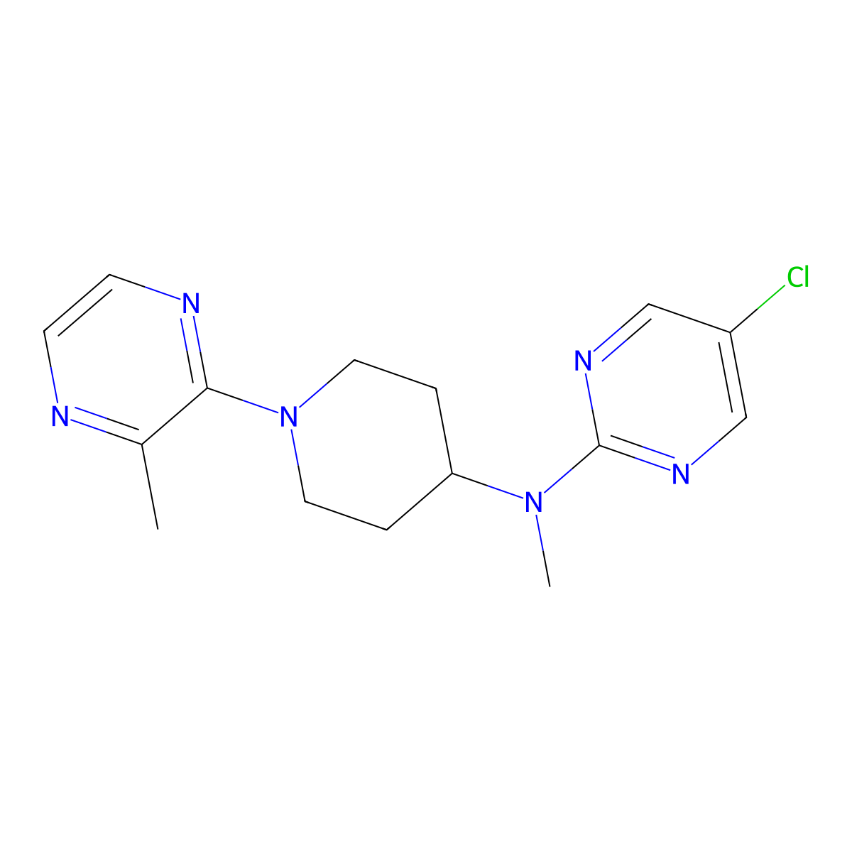 5-chloro-N-methyl-N-[1-(3-methylpyrazin-2-yl)piperidin-4-yl]pyrimidin-2-amine molecular structure, CAS 2640885-38-5