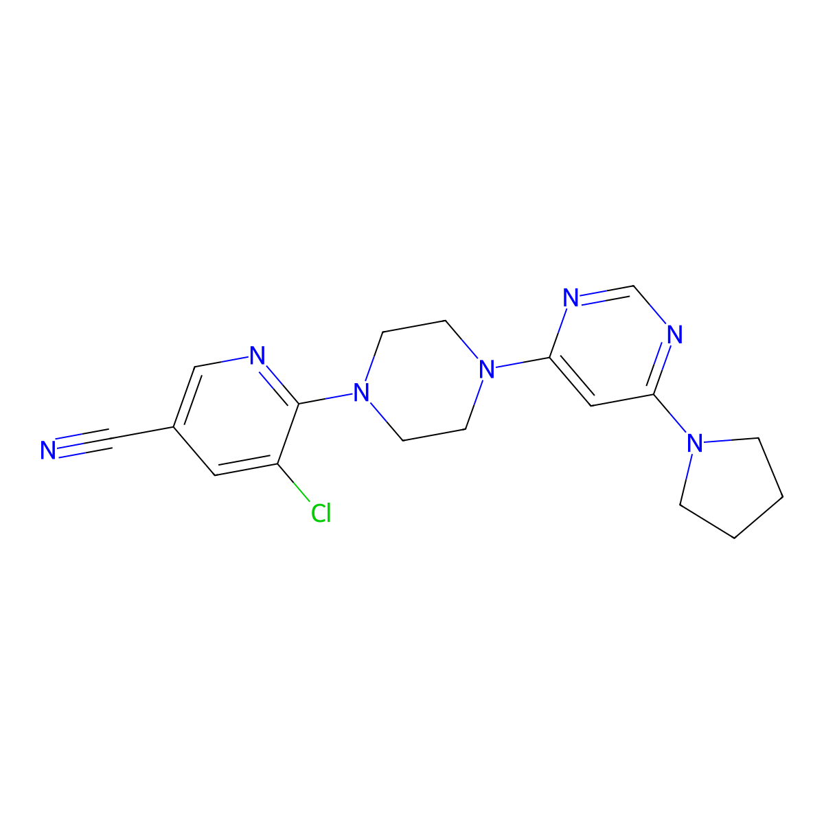 5-Chloro-6-{4-[6-(pyrrolidin-1-yl)pyrimidin-4-yl]piperazin-1-yl}pyridine-3-carbonitrile molecular structure, CAS 2640885-41-0