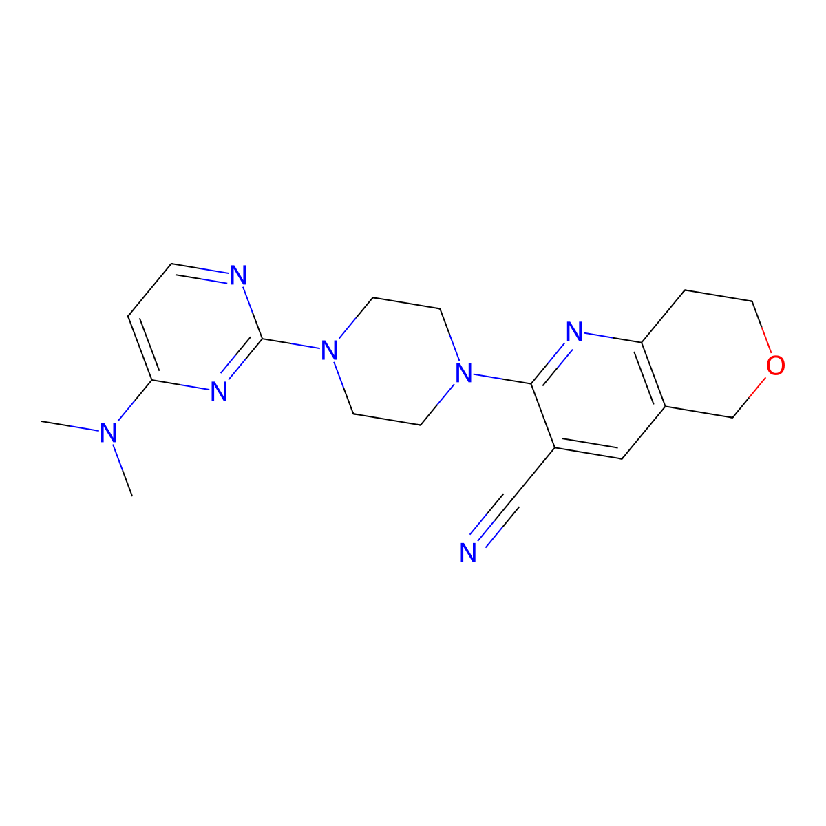 2-{4-[4-(dimethylamino)pyrimidin-2-yl]piperazin-1-yl}-5H,7H,8H-pyrano[4,3-b]pyridine-3-carbonitrile molecular structure, CAS 2640885-43-2