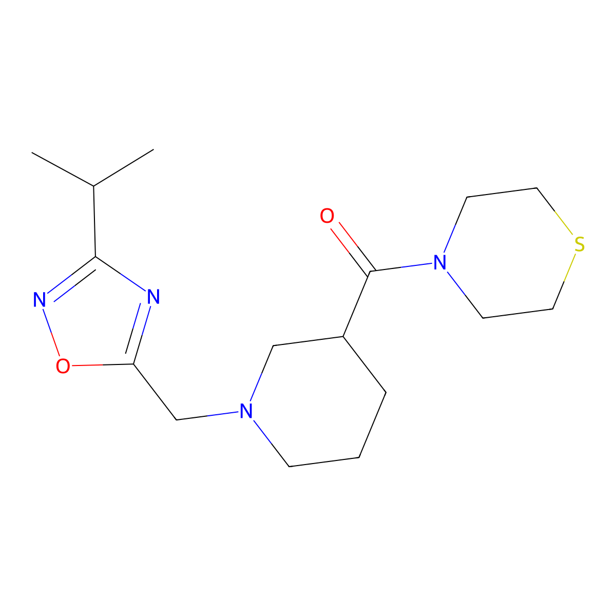 4-(1-{[3-(Propan-2-yl)-1,2,4-oxadiazol-5-yl]methyl}piperidine-3-carbonyl)thiomorpholine molecular structure, CAS 2640885-44-3