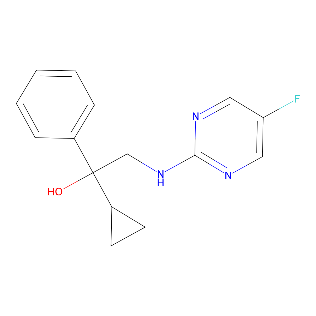 1-Cyclopropyl-2-[(5-fluoropyrimidin-2-yl)amino]-1-phenylethan-1-ol molecular structure, CAS 2640885-48-7