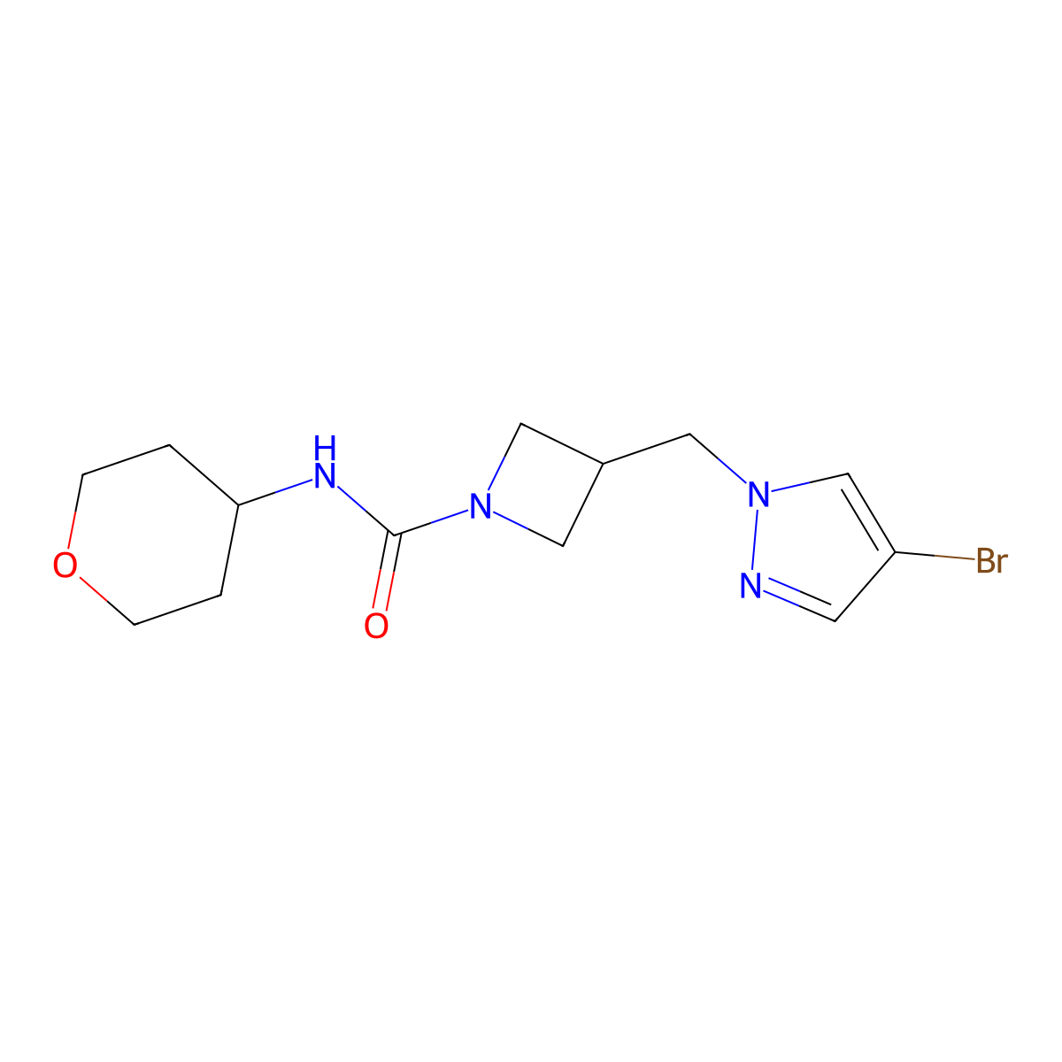 3-[(4-bromo-1H-pyrazol-1-yl)methyl]-N-(oxan-4-yl)azetidine-1-carboxamide molecular structure, CAS 2640885-49-8