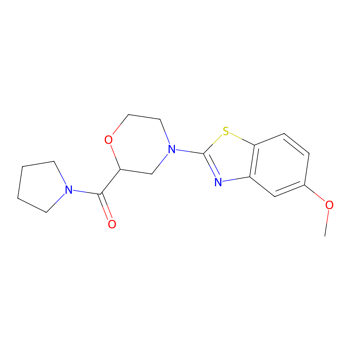 5-Methoxy-2-[2-(pyrrolidine-1-carbonyl)morpholin-4-yl]-1,3-benzothiazole molecular structure, CAS 2640885-55-6