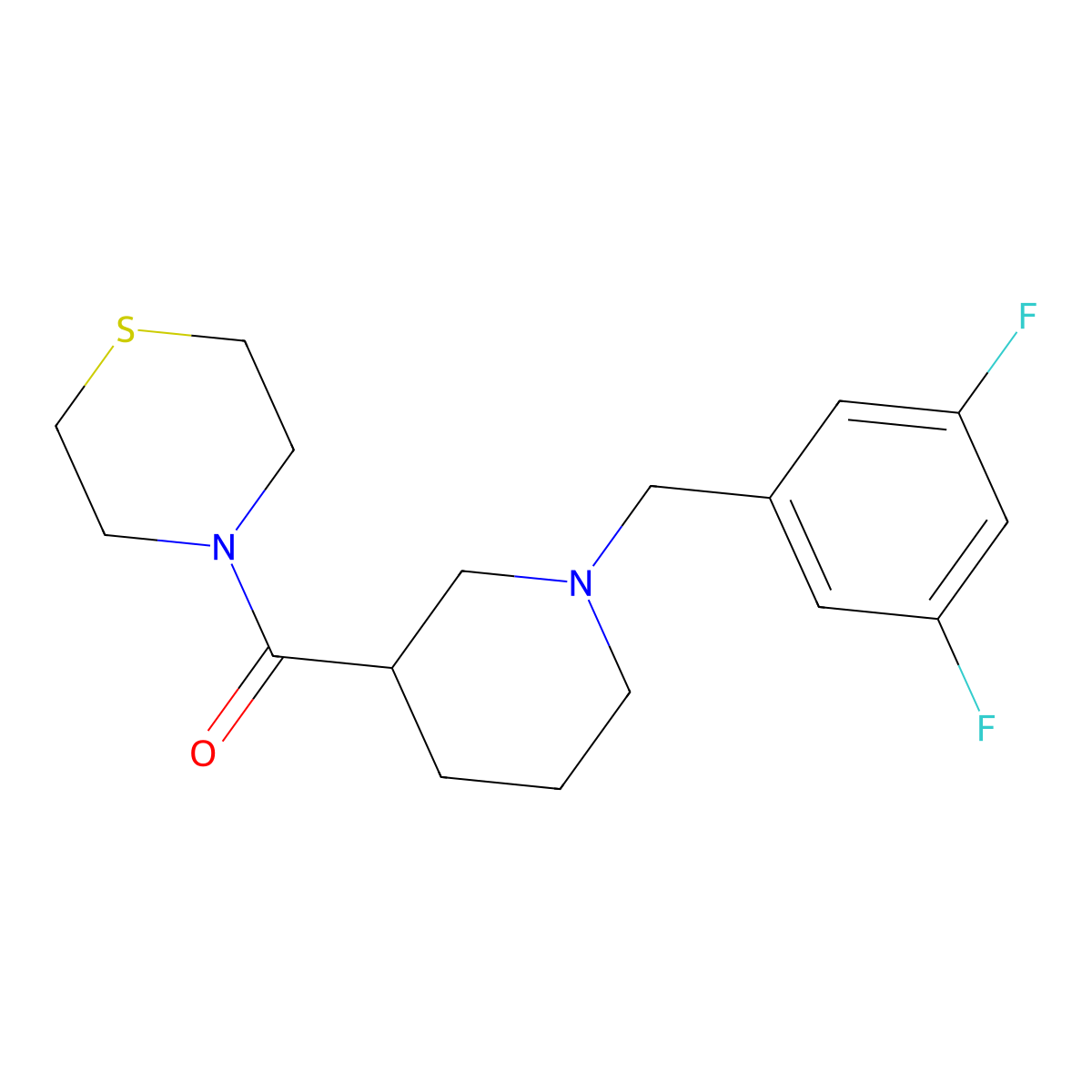 4-{1-[(3,5-Difluorophenyl)methyl]piperidine-3-carbonyl}thiomorpholine molecular structure, CAS 2640885-57-8