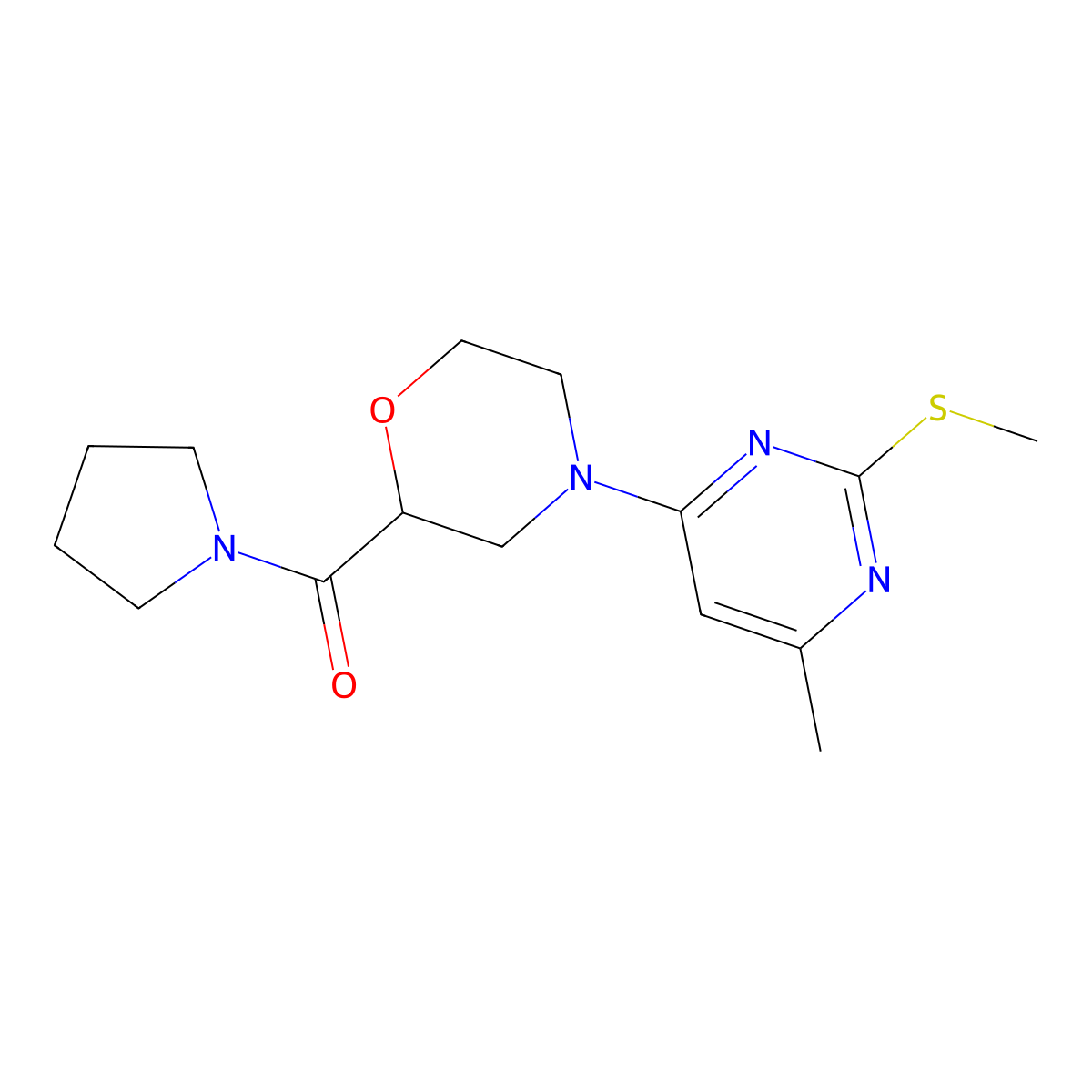4-[6-Methyl-2-(methylsulfanyl)pyrimidin-4-yl]-2-(pyrrolidine-1-carbonyl)morpholine molecular structure, CAS 2640885-62-5