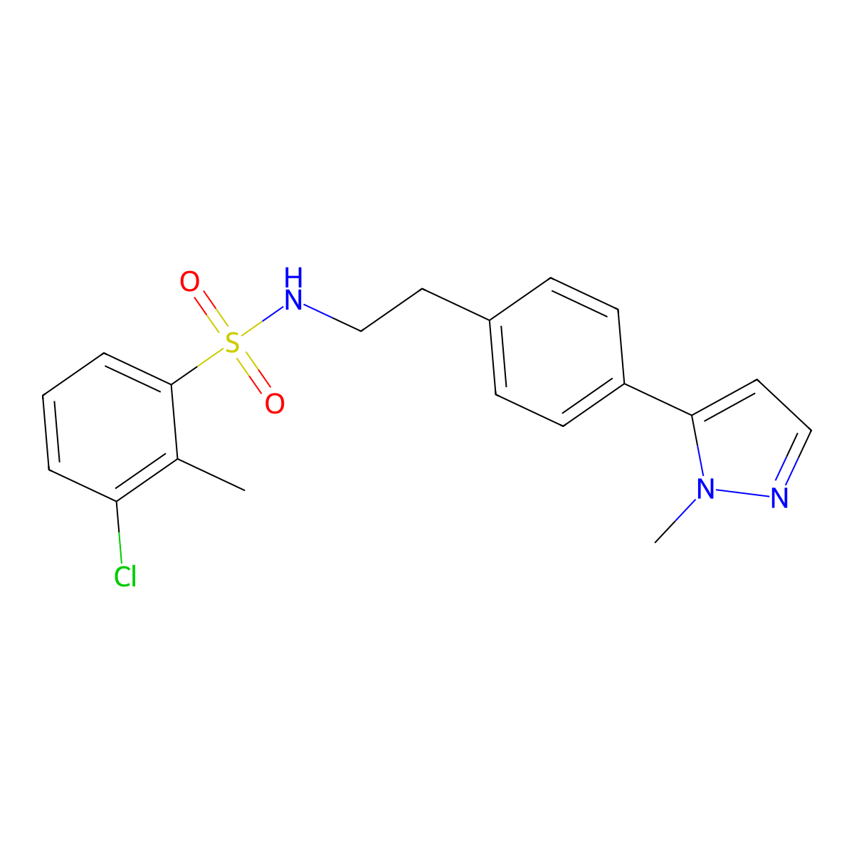 3-chloro-2-methyl-N-{2-[4-(1-methyl-1H-pyrazol-5-yl)phenyl]ethyl}benzene-1-sulfonamide molecular structure, CAS 2640885-63-6