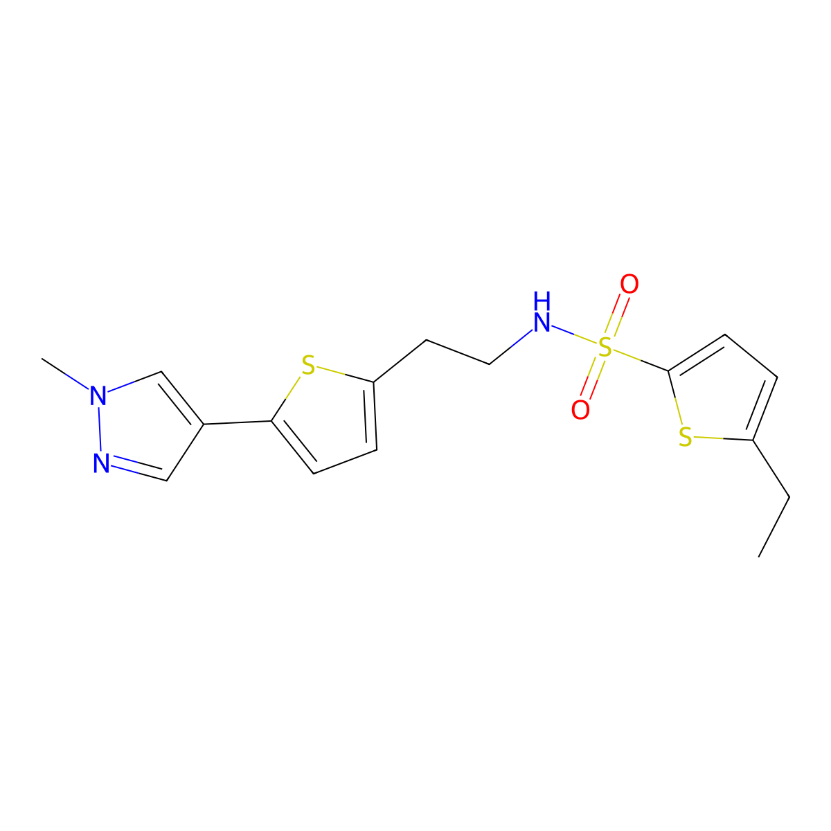5-ethyl-N-{2-[5-(1-methyl-1H-pyrazol-4-yl)thiophen-2-yl]ethyl}thiophene-2-sulfonamide molecular structure, CAS 2640885-64-7