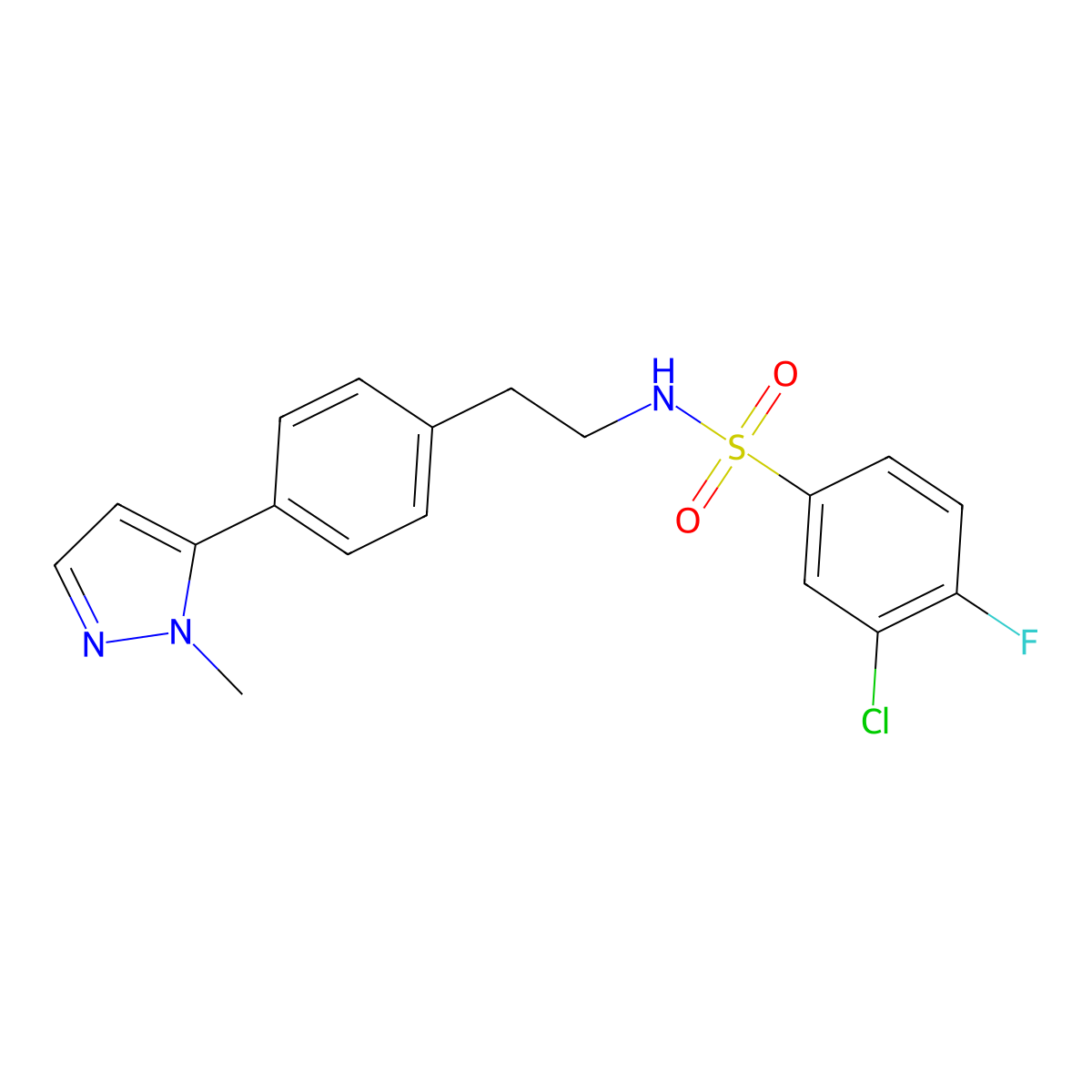 3-chloro-4-fluoro-N-{2-[4-(1-methyl-1H-pyrazol-5-yl)phenyl]ethyl}benzene-1-sulfonamide molecular structure, CAS 2640885-66-9