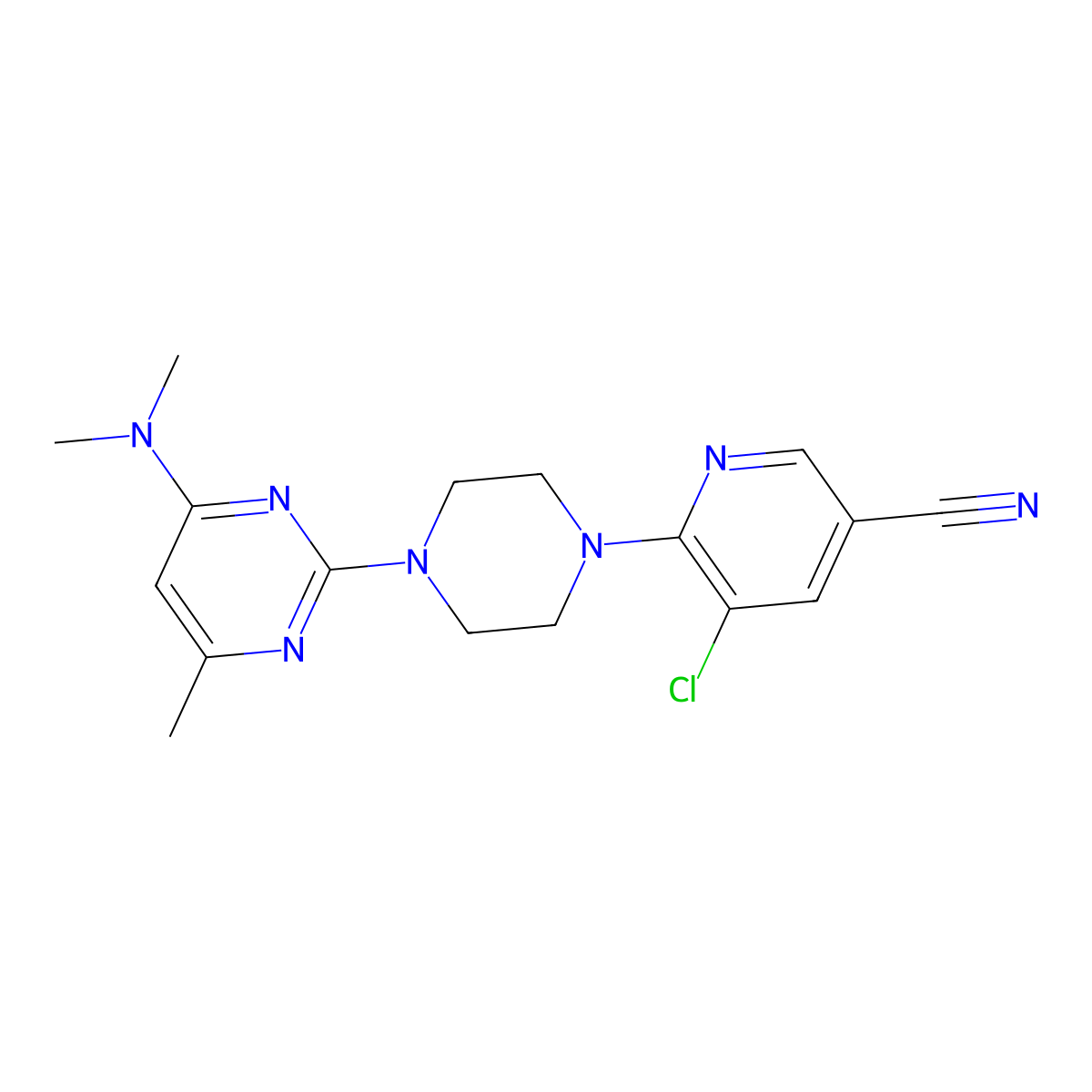 5-Chloro-6-{4-[4-(dimethylamino)-6-methylpyrimidin-2-yl]piperazin-1-yl}pyridine-3-carbonitrile molecular structure, CAS 2640885-69-2