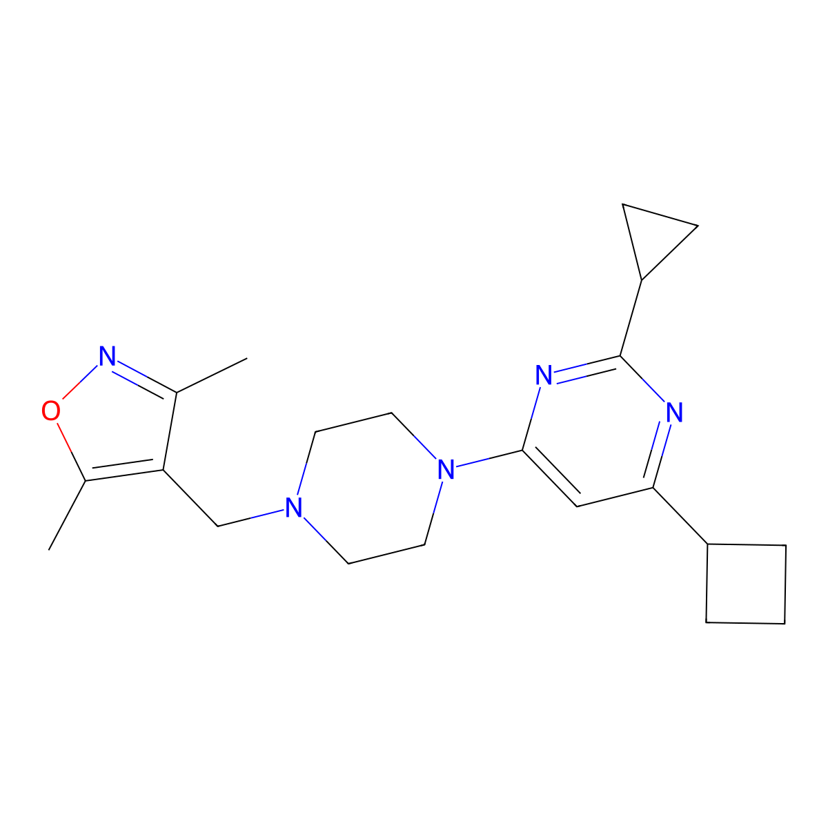 4-Cyclobutyl-2-cyclopropyl-6-{4-[(3,5-dimethyl-1,2-oxazol-4-yl)methyl]piperazin-1-yl}pyrimidine molecular structure, CAS 2640885-79-4