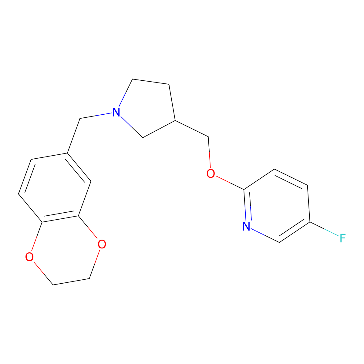 2-({1-[(2,3-Dihydro-1,4-benzodioxin-6-yl)methyl]pyrrolidin-3-yl}methoxy)-5-fluoropyridine molecular structure, CAS 2640885-80-7