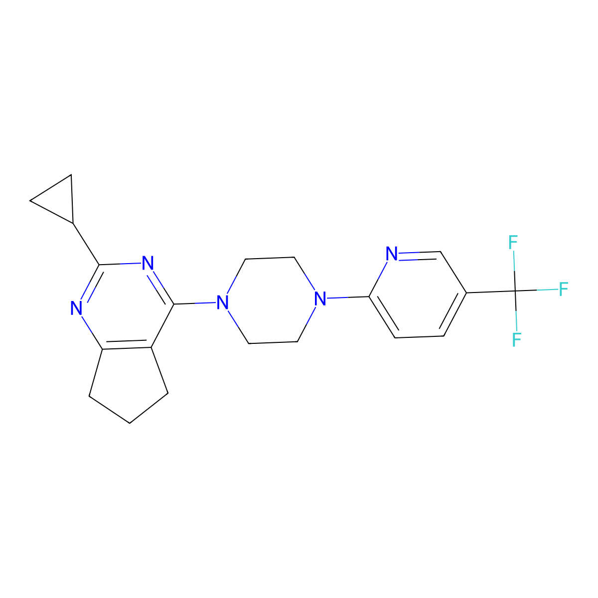 1-{2-cyclopropyl-5H,6H,7H-cyclopenta[d]pyrimidin-4-yl}-4-[5-(trifluoromethyl)pyridin-2-yl]piperazine molecular structure, CAS 2640885-81-8