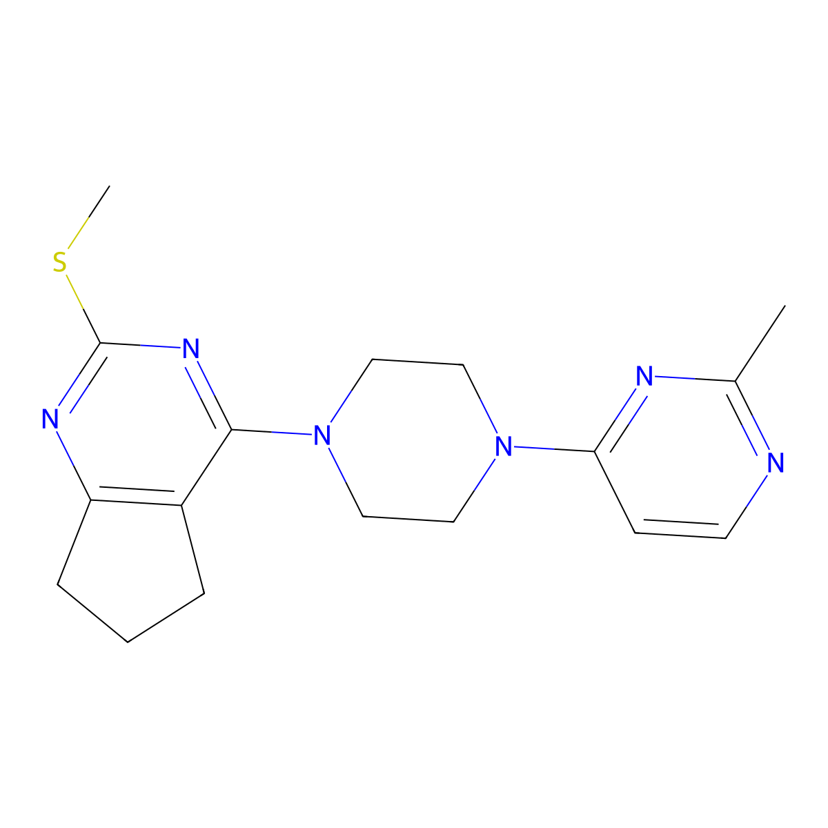 2-methyl-4-{4-[2-(methylsulfanyl)-5H,6H,7H-cyclopenta[d]pyrimidin-4-yl]piperazin-1-yl}pyrimidine molecular structure, CAS 2640885-91-0